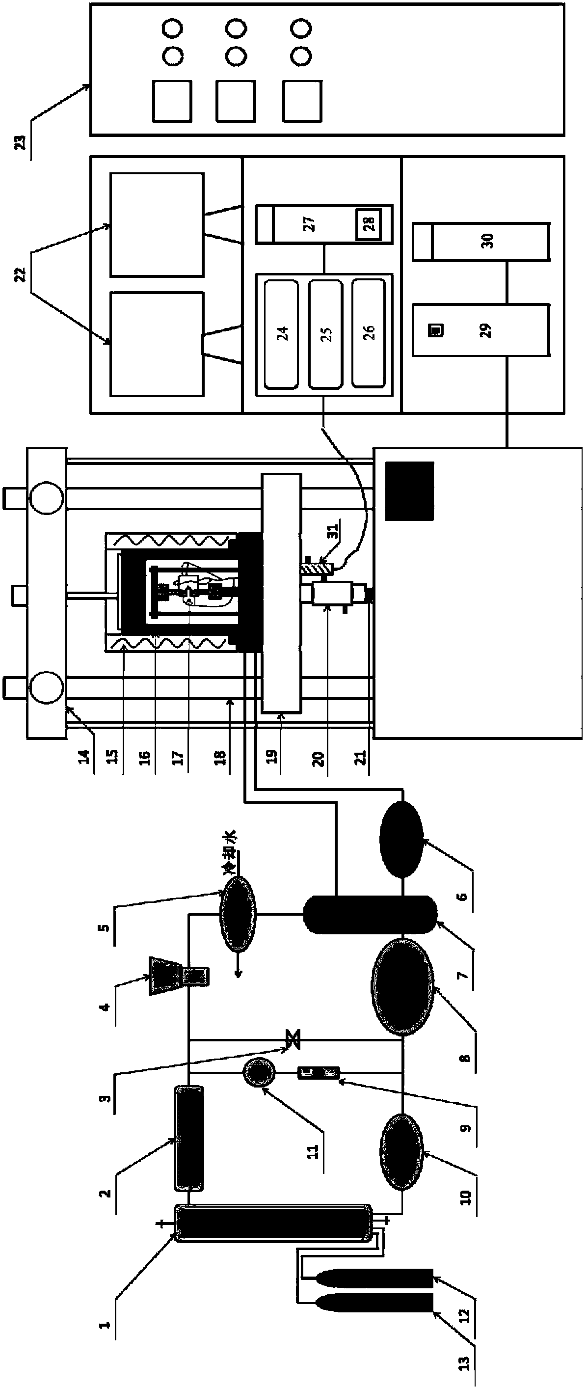 Corrosion fatigue crack propagation testing device with high-temperature high-pressure circulating water and application