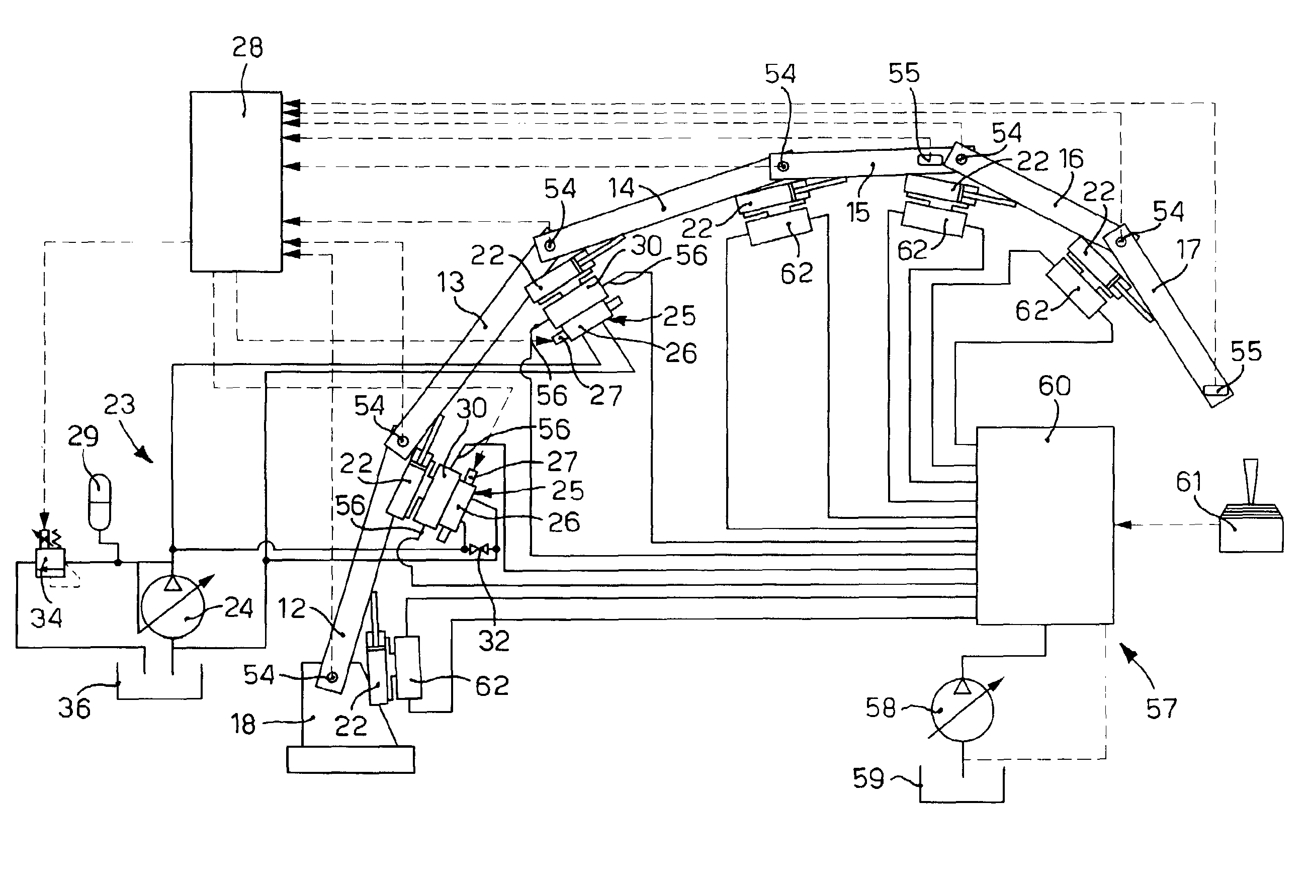 Device to actively control the vibrations of an articulated arm to pump concrete