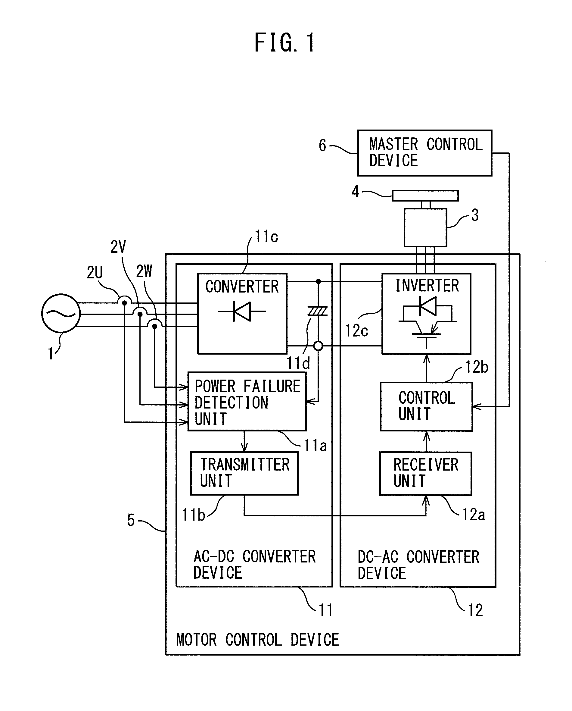 Motor control device provided with power failure management