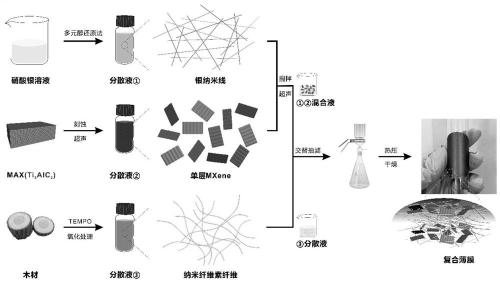 Nanocellulose/MXene/silver nanowire sandwich structure composite film and preparation method thereof