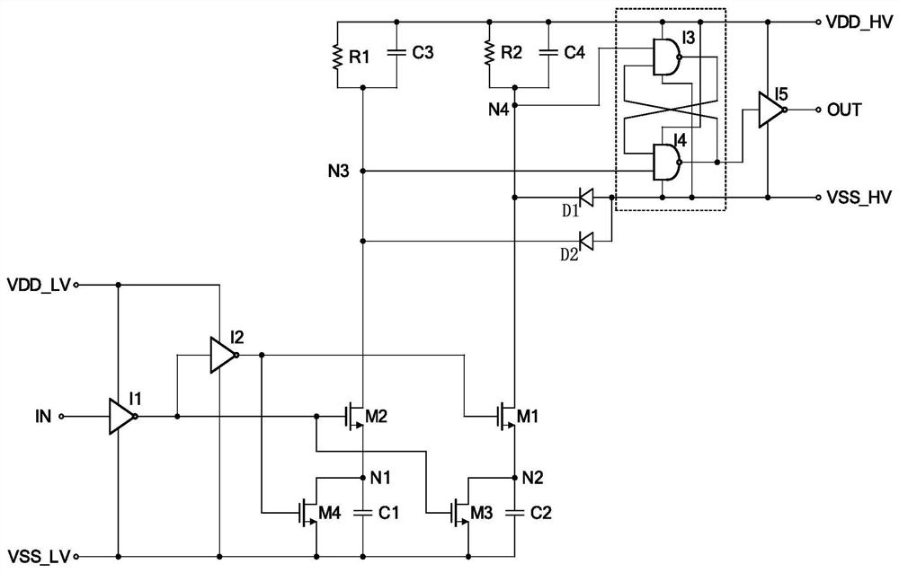 Logic level conversion circuit from low voltage domain to high voltage domain