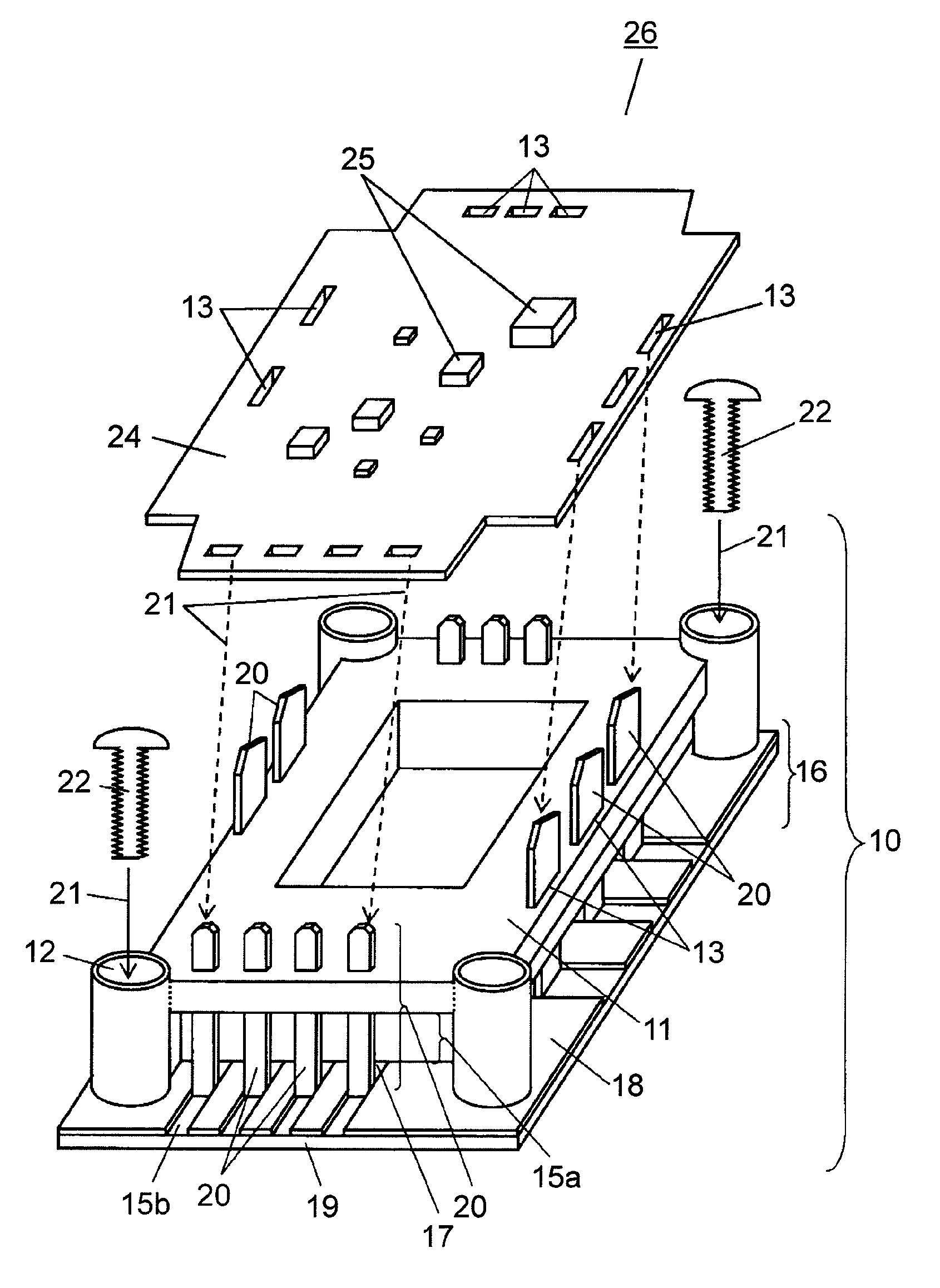 Heat dissipating structure base board, module using heat dissipating structure base board, and method for manufacturing heat dissipating structure base board