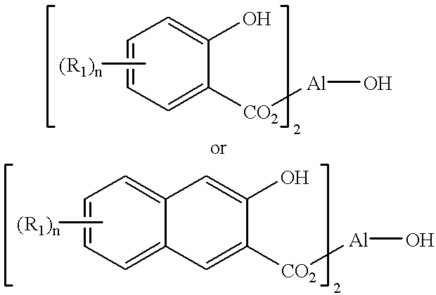 Imaging apparatuses and processes thereof containing a marking material with a charge acceptance additive of an aluminum complex