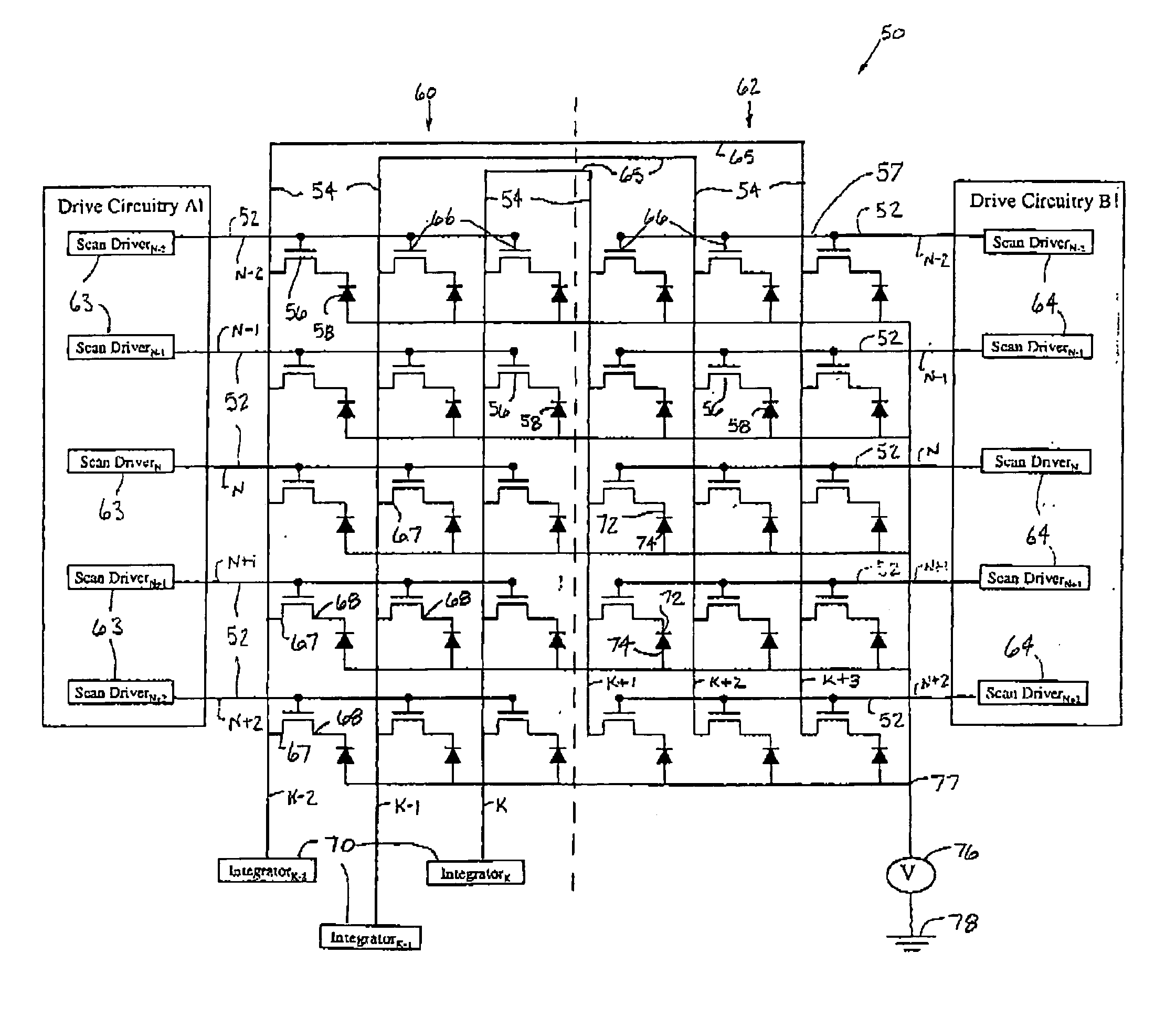 Split scan line and combined data line x-ray detectors