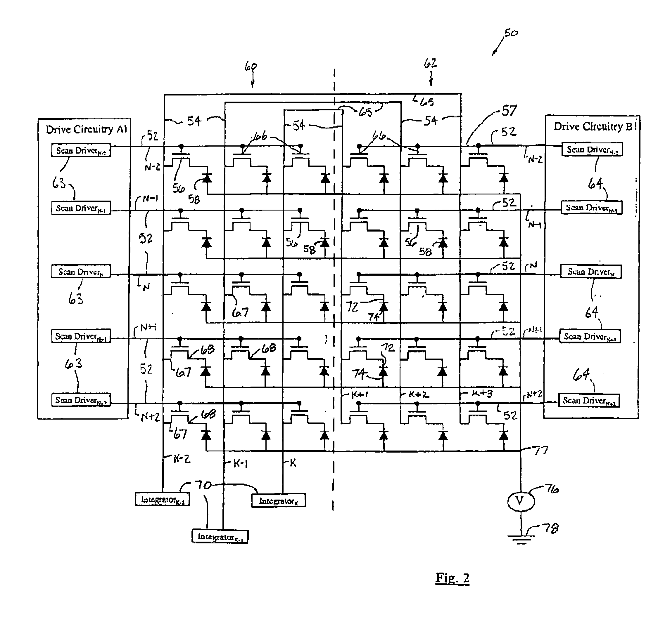 Split scan line and combined data line x-ray detectors