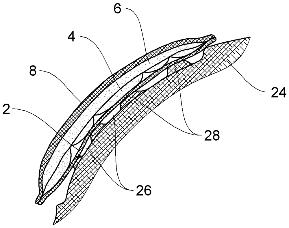 Device for filtering liquid drawn in between two superimposed layers of filtering media