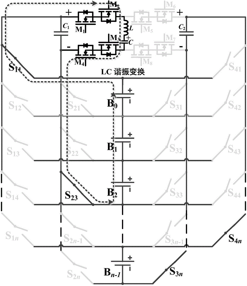 Switch matrix and LC resonant transformation based cells to cells equalization circuit and method