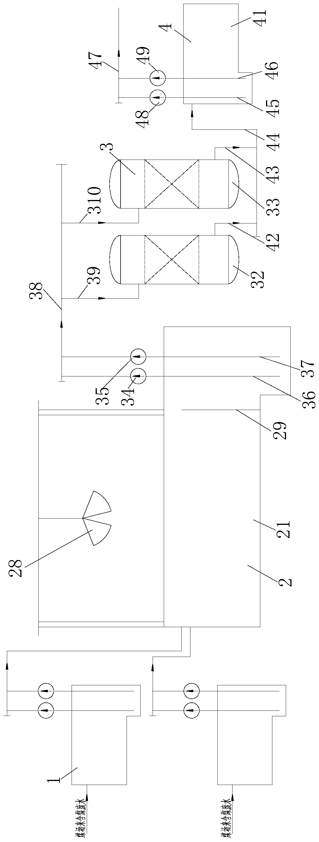 Coal-bearing wastewater treatment system and process