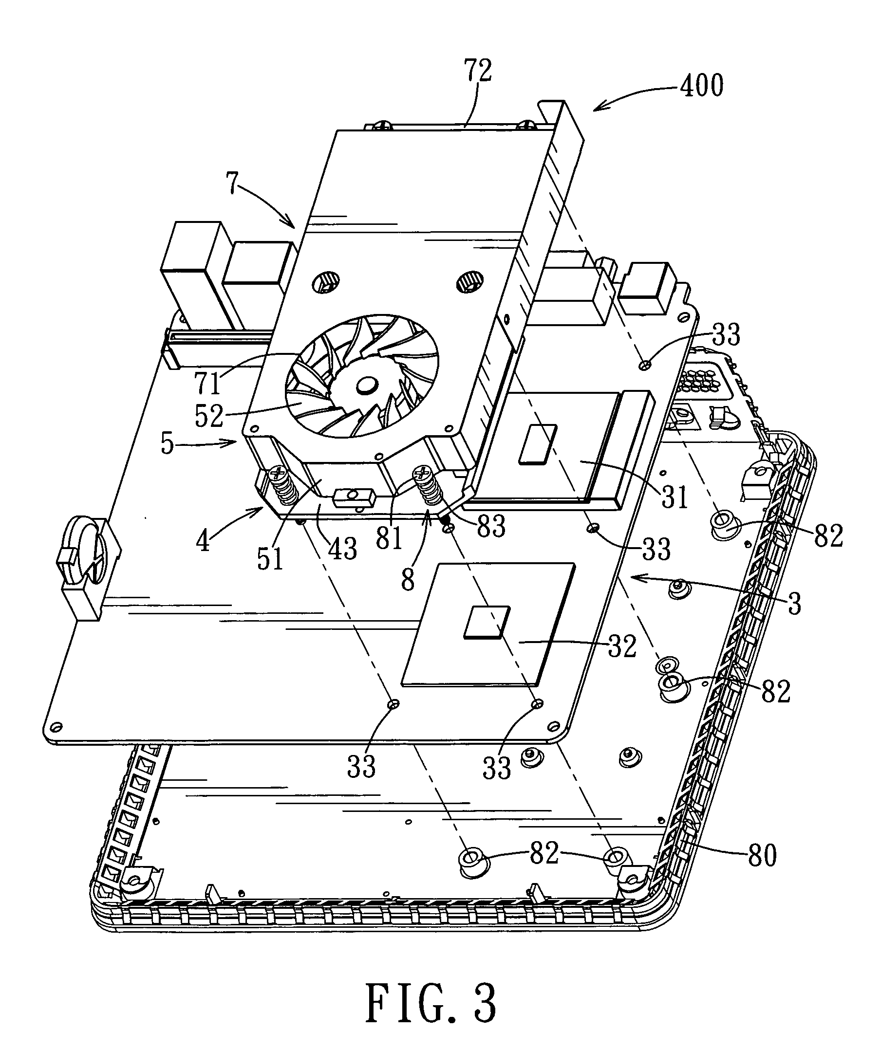 Assembly of heat-dissipating device and circuit board