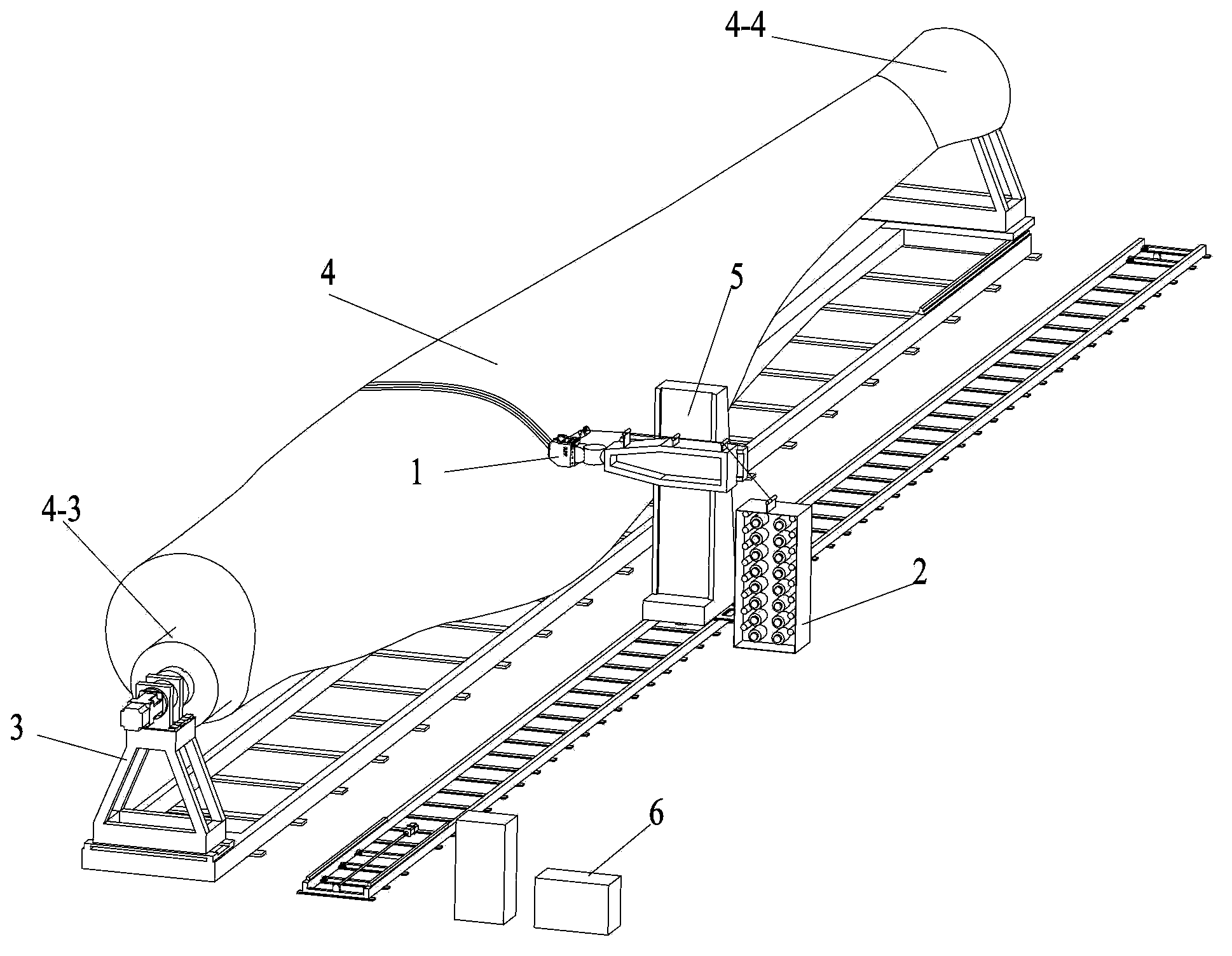 Integral wind-power blade ultraviolet light/electron beam in situ curing fiber laying forming device and integral wind-power blade ultraviolet light/electron beam in situ curing fiber laying forming method