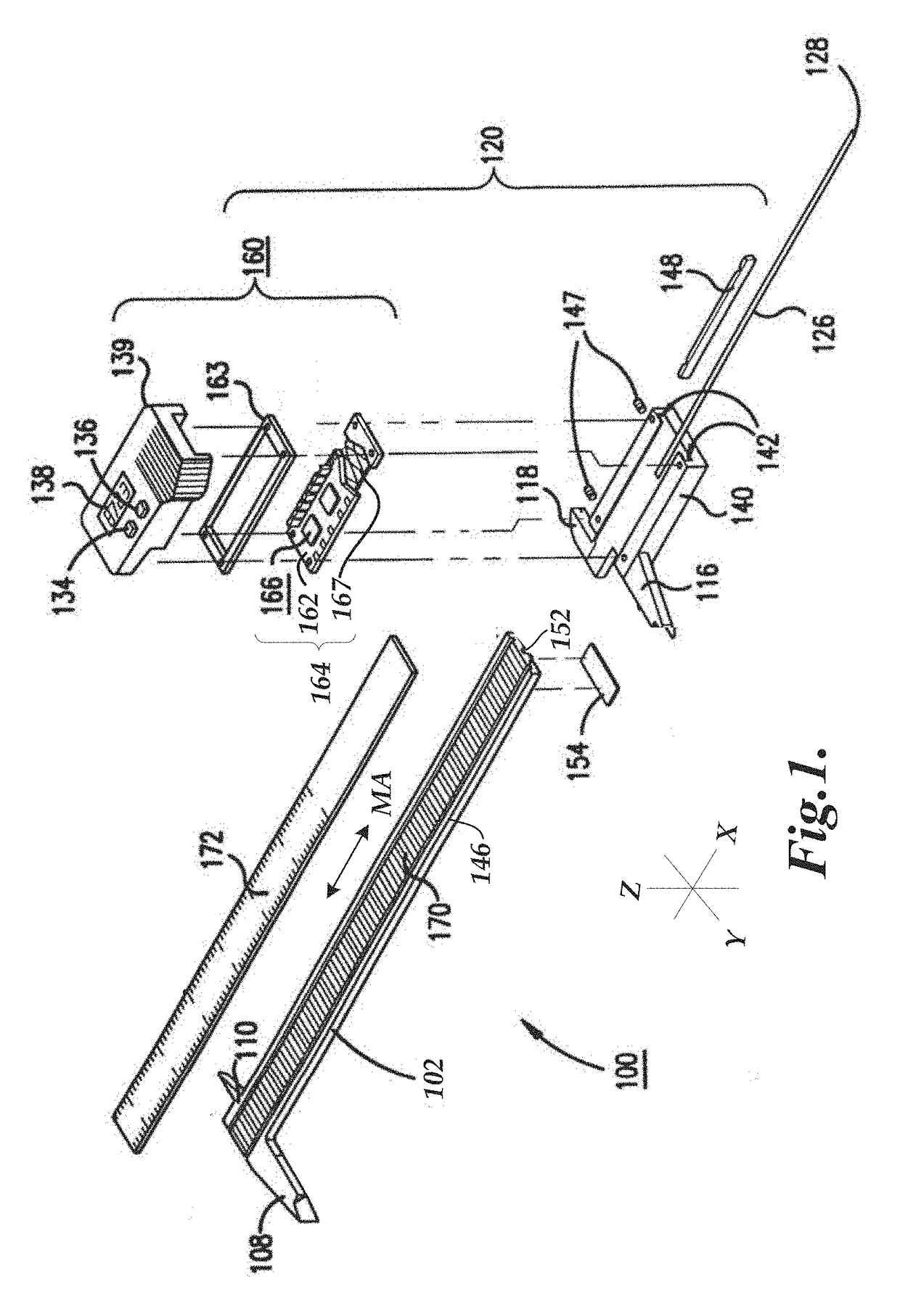 Absolute position encoder including scale with varying spatial characteristic and utilizing fourier transform or other signal processing