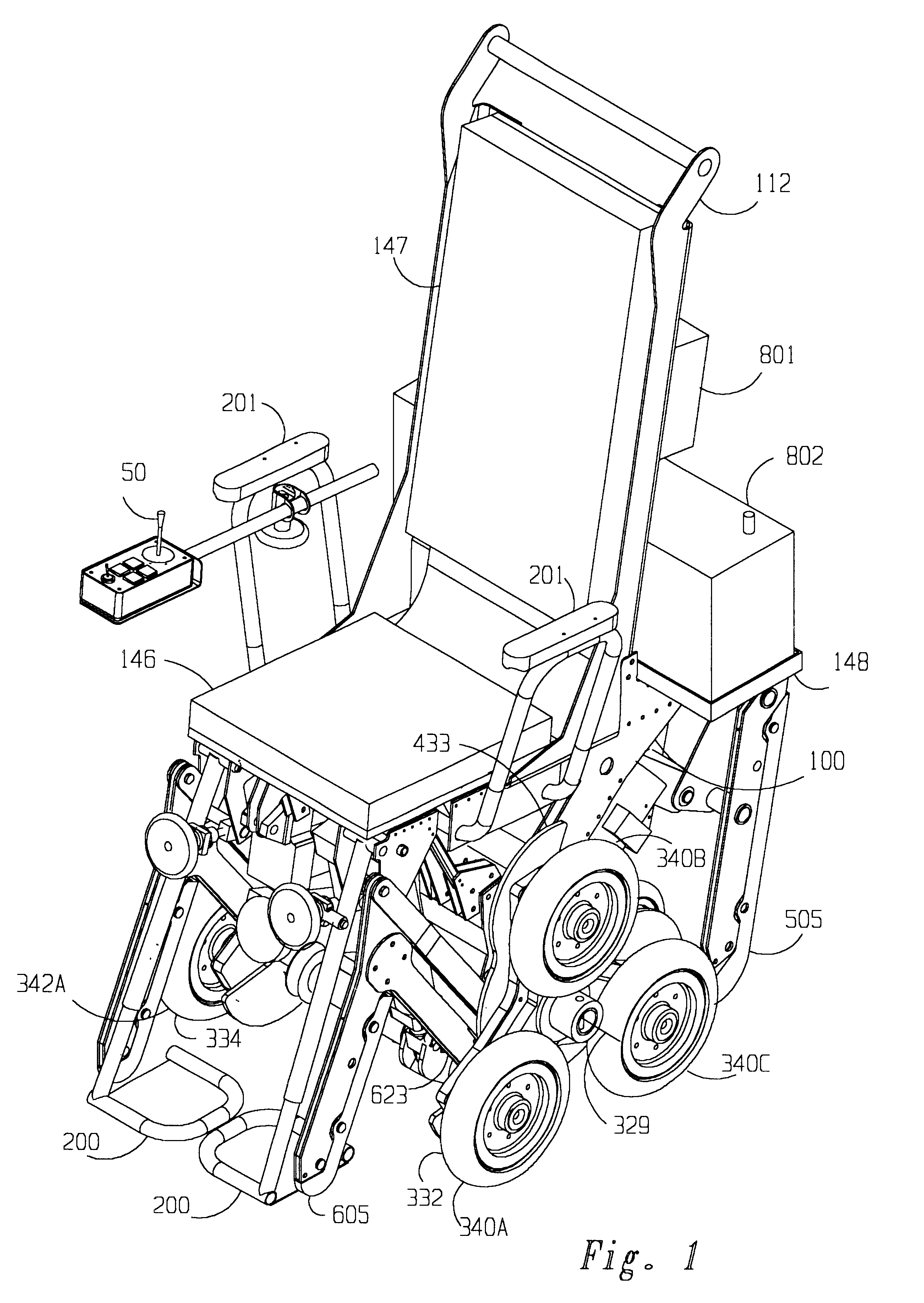 Battery powered stair-climbing wheelchair