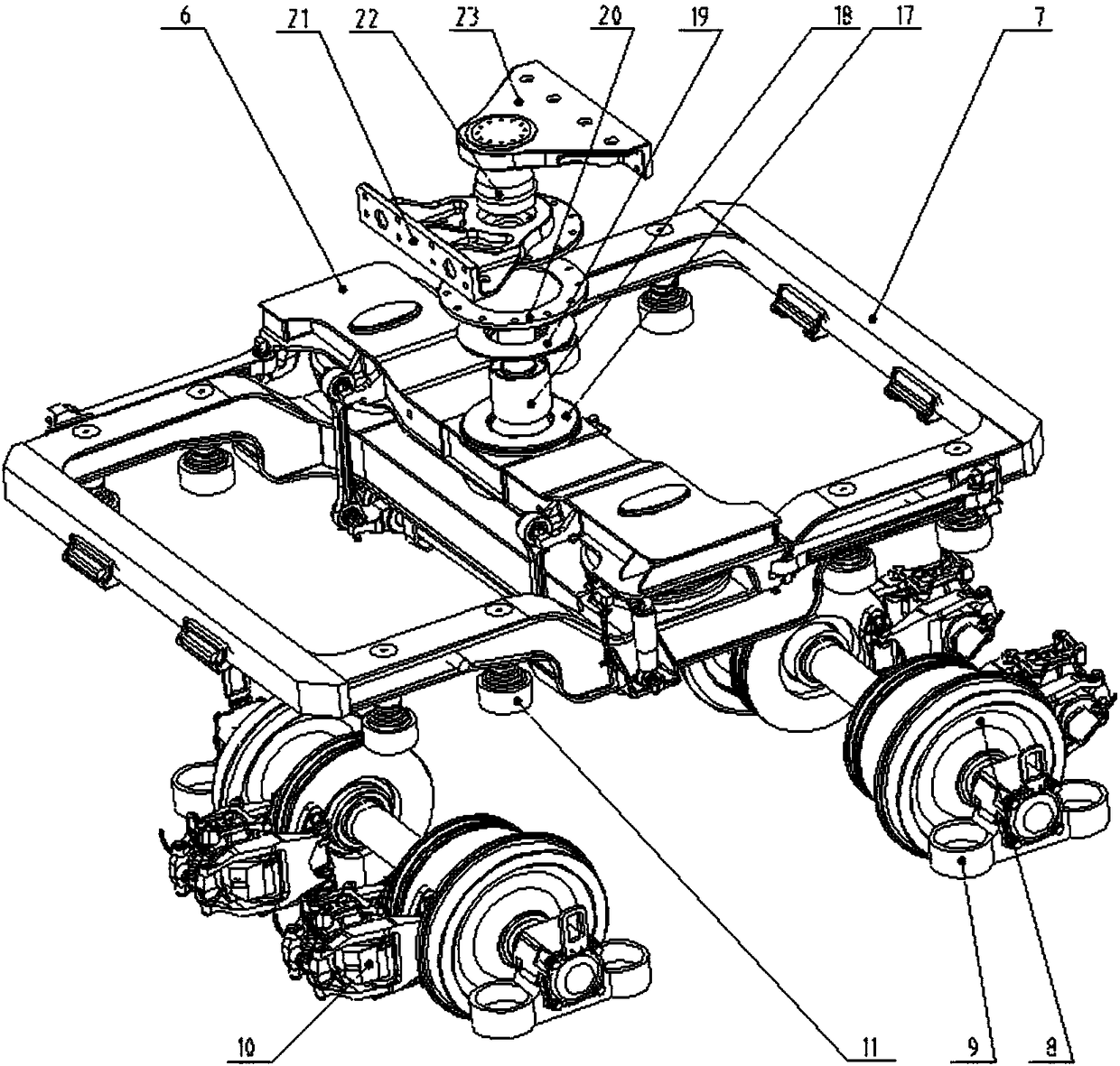 Intermediate articulated bogie with small-curve negotiation capability of six-axle high-floor light rail vehicle