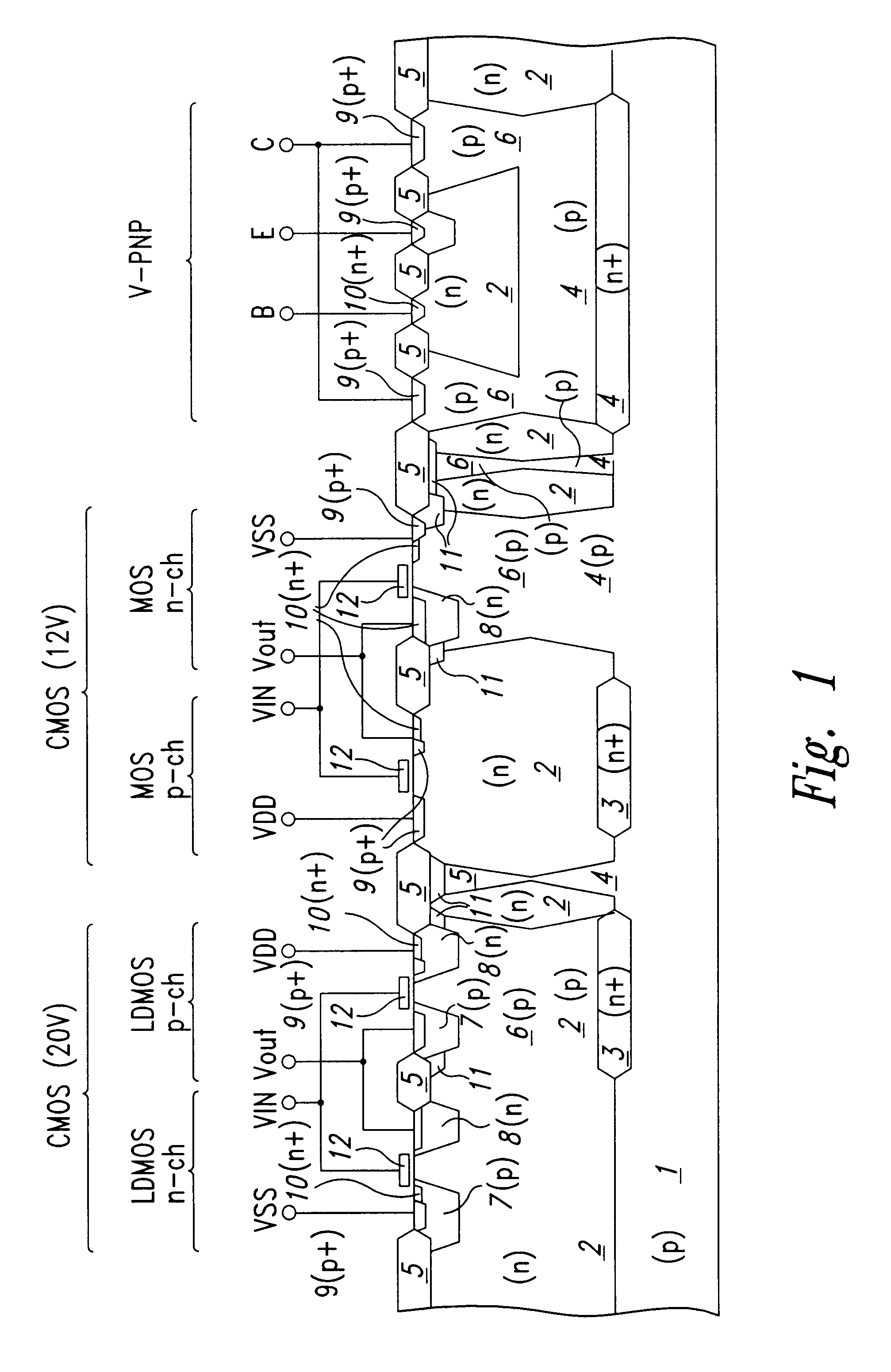 Mixed technology integrated device comprising complementary LDMOS power transistors, CMOS and vertical PNP integrated structures having an enhanced ability to withstand a relatively high supply voltage