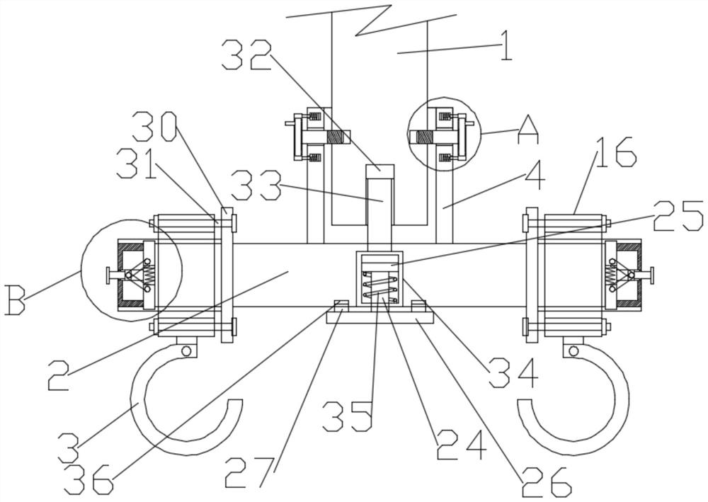 A connection structure between balance beams on a crane