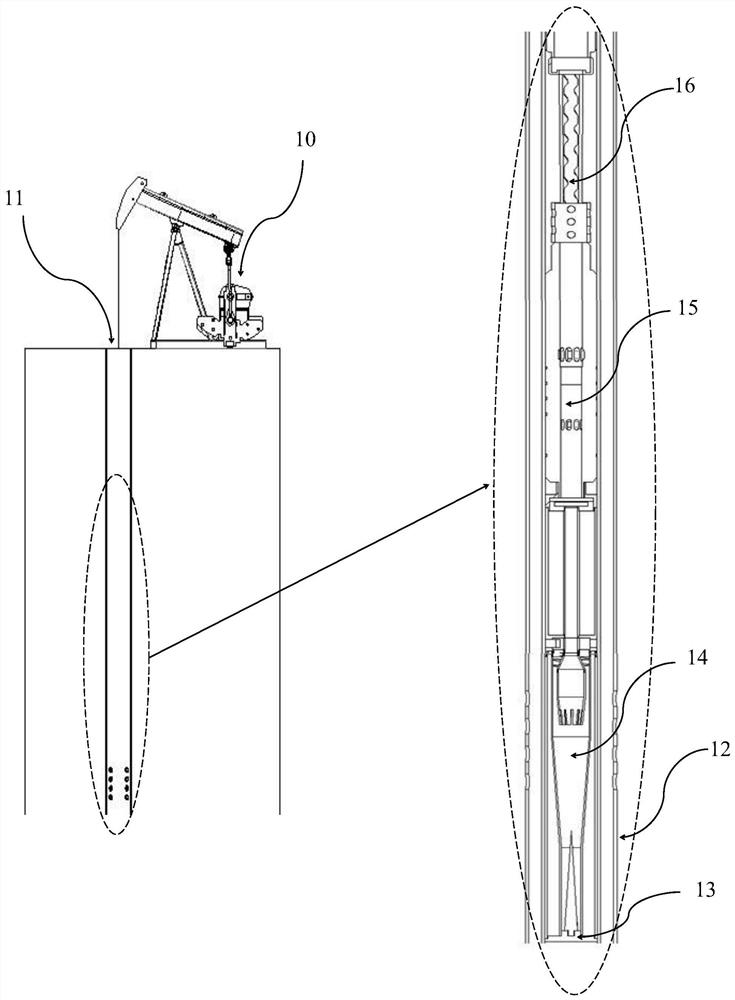 A downhole gas-liquid separation device suitable for shale oil pumping unit oil production system