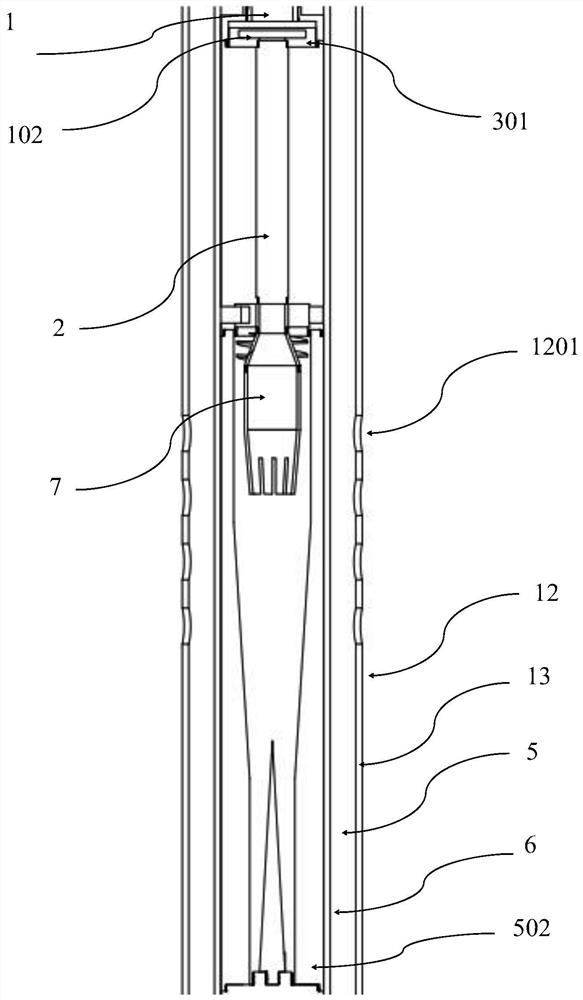 A downhole gas-liquid separation device suitable for shale oil pumping unit oil production system