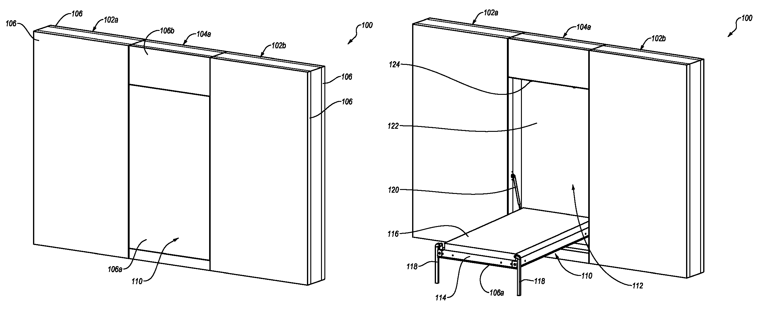 Modular walls incorporating recessed, extendable furniture