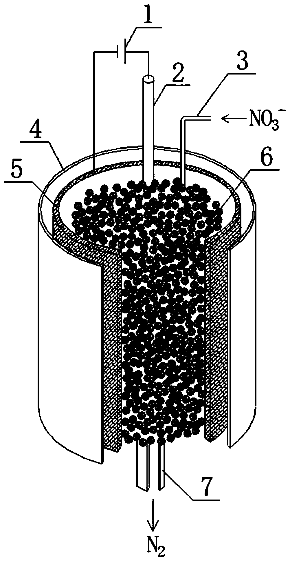 A device and method for synergistically degrading nitrate based on nanometer zero-valent iron conductive composite resin as catalyst