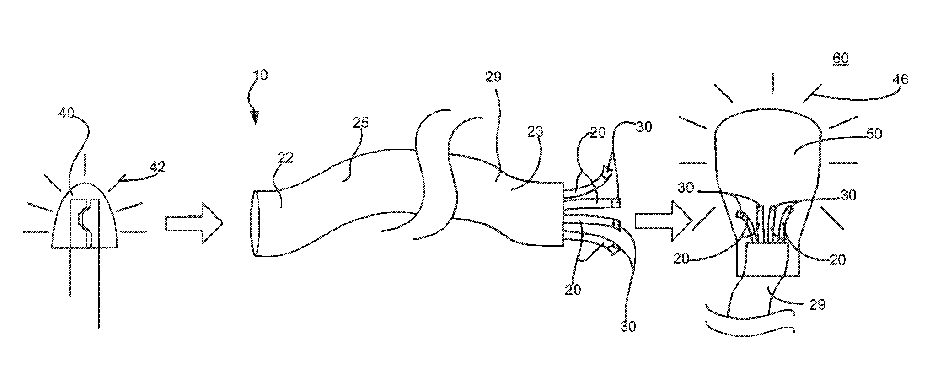 Remote light wavelength conversion device and associated methods