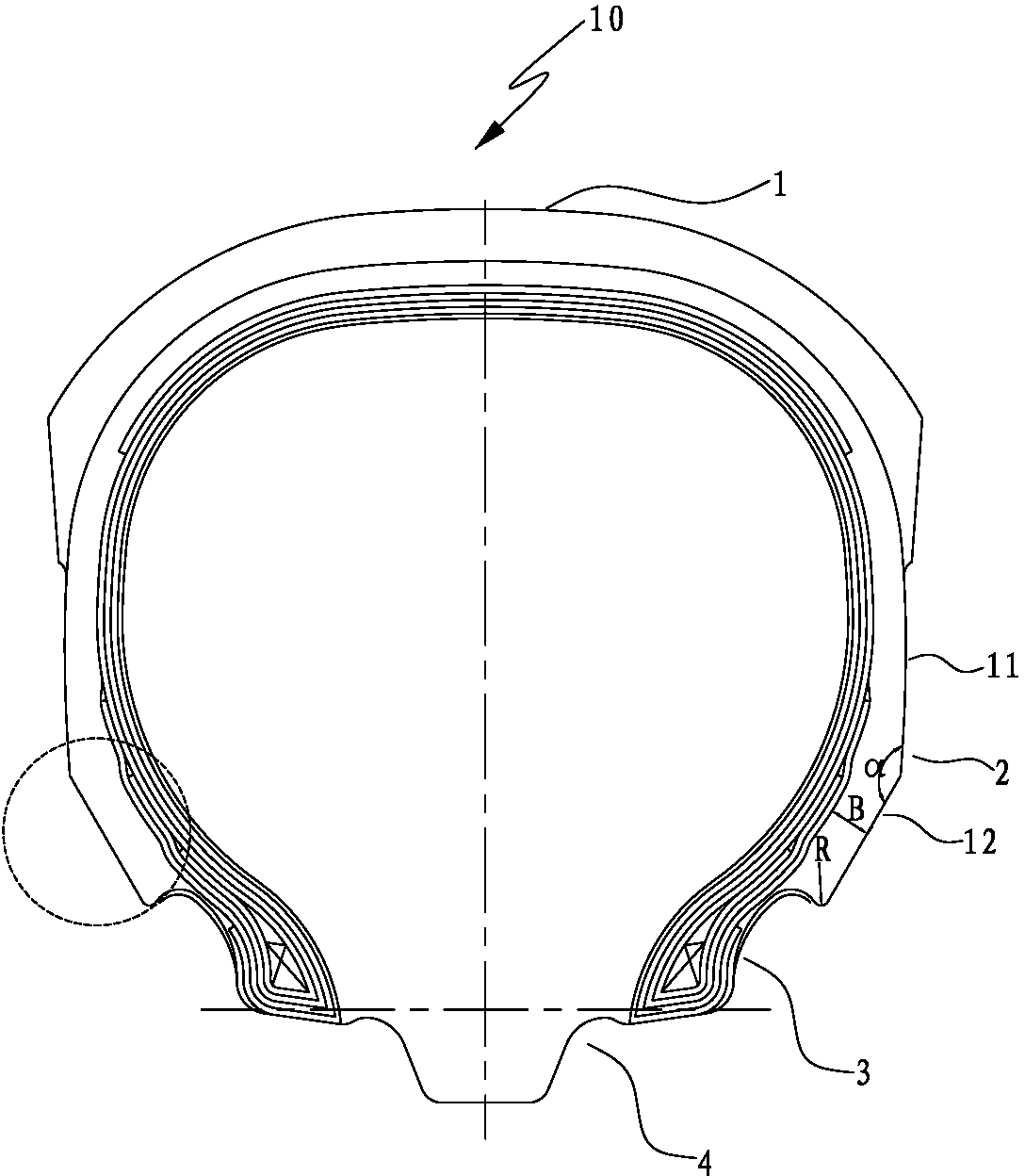 Section structure of motorcycle tire