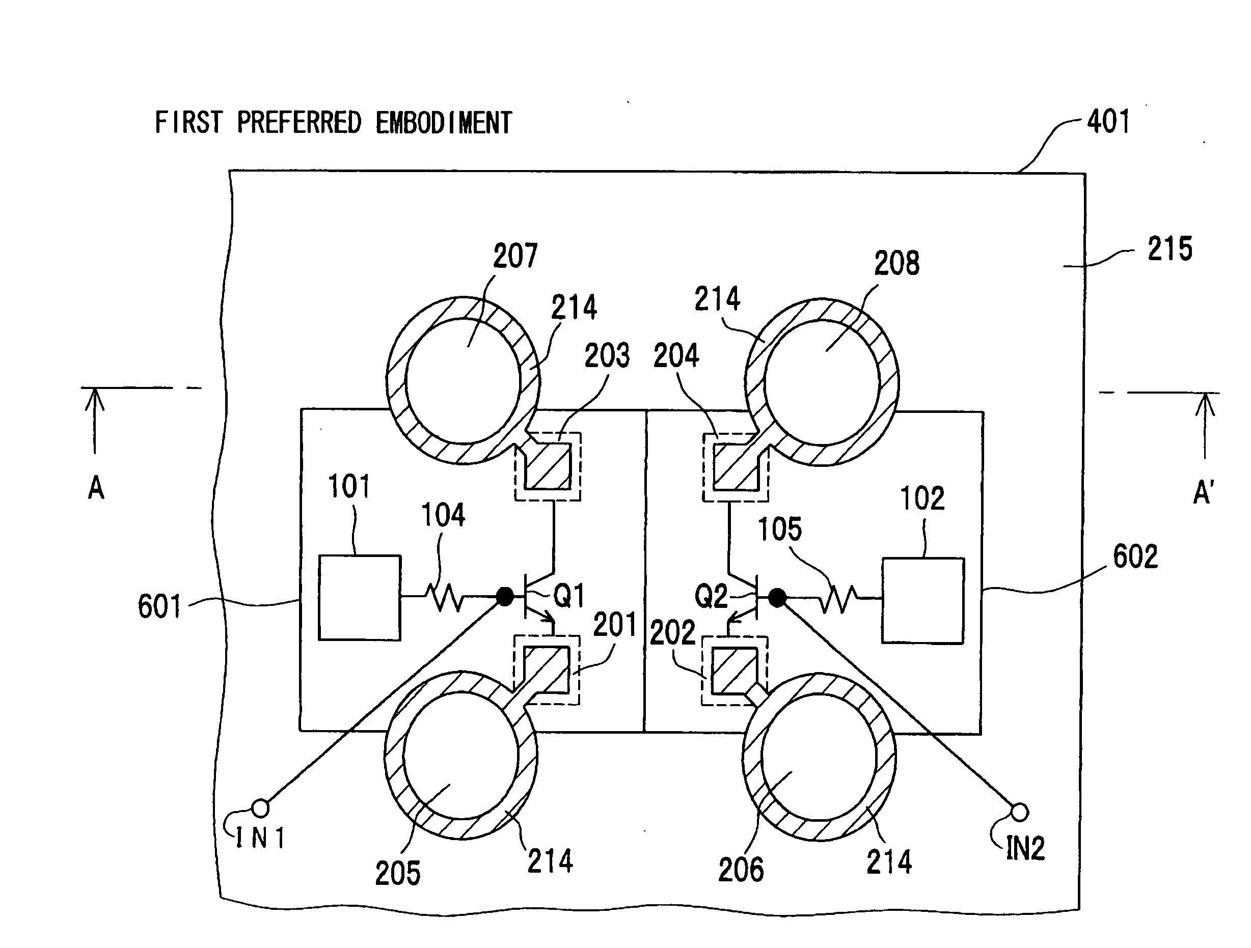 Differential amplifier circuitry formed on semiconductor substrate with rewiring technique