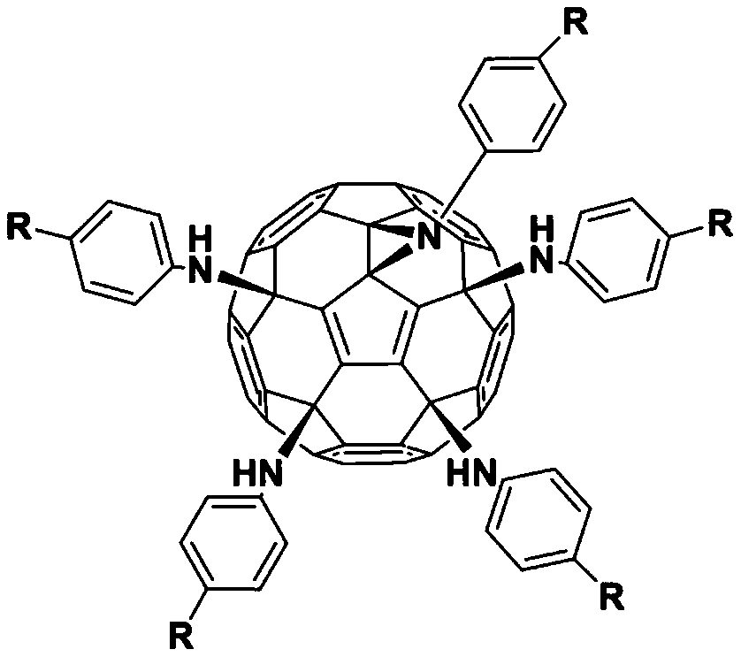 Fullerene phenylamine derivative as well as preparation method and application thereof