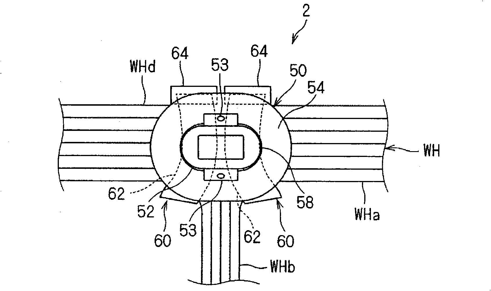 Wire harness fixture, wire harness device with fixture, and method of manufacturing wire harness device with fixture