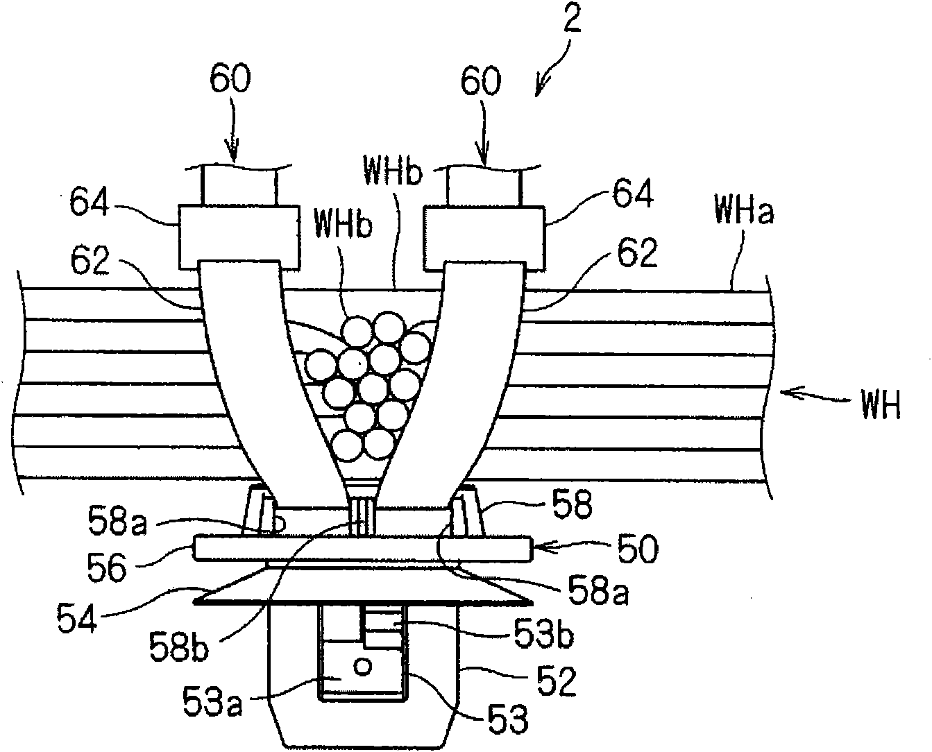 Wire harness fixture, wire harness device with fixture, and method of manufacturing wire harness device with fixture