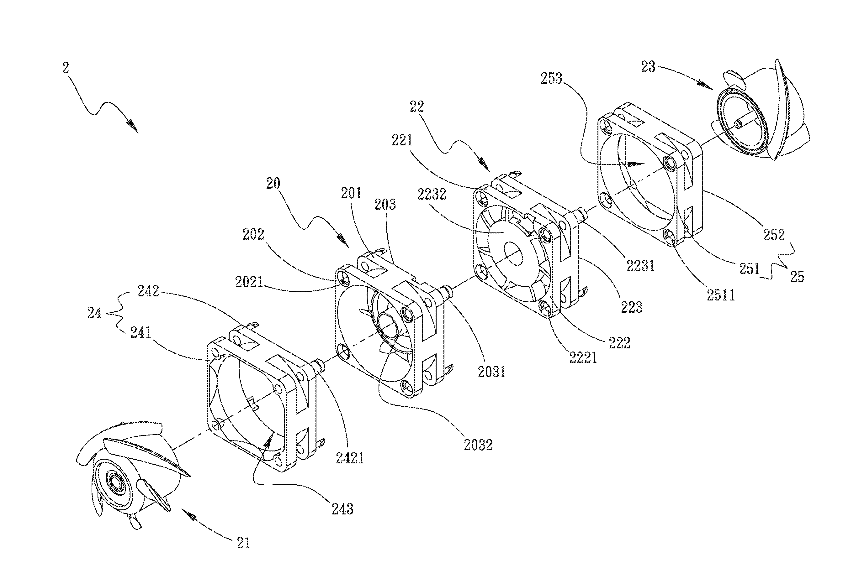 Series fan structure with multistage frame body