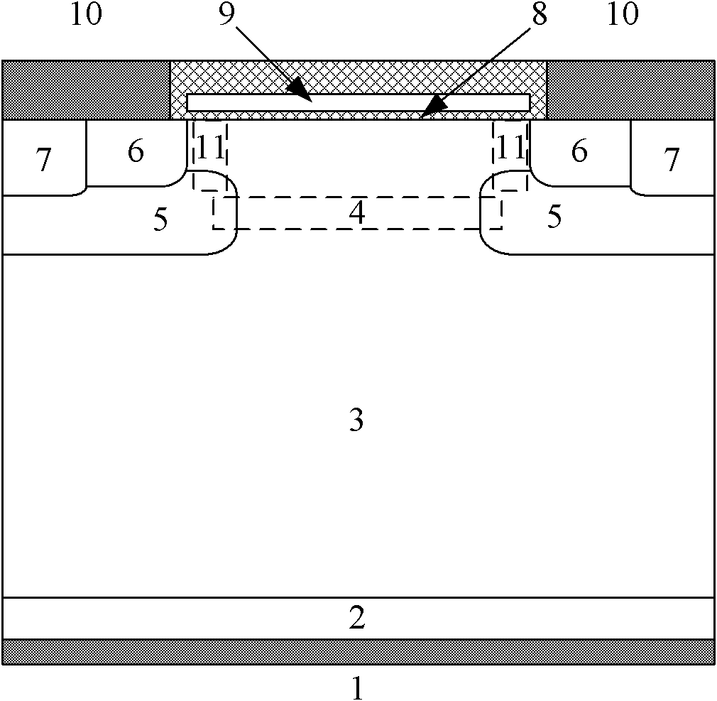 Low-voltage buried channel VDMOS (vertical double-diffused metal oxide semiconductor) device