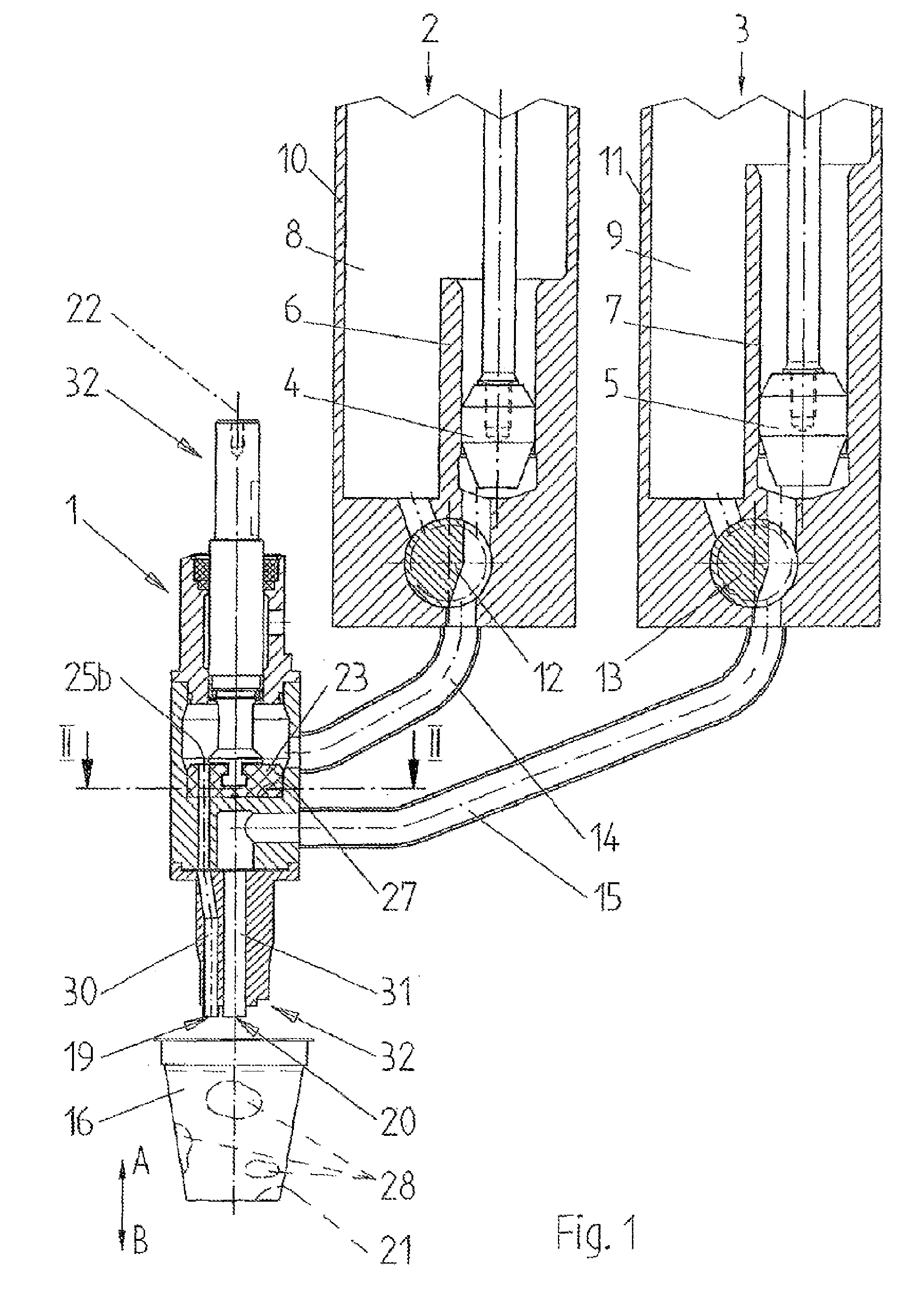 Device for simultaneously filling at least two foods of different compositions into one container