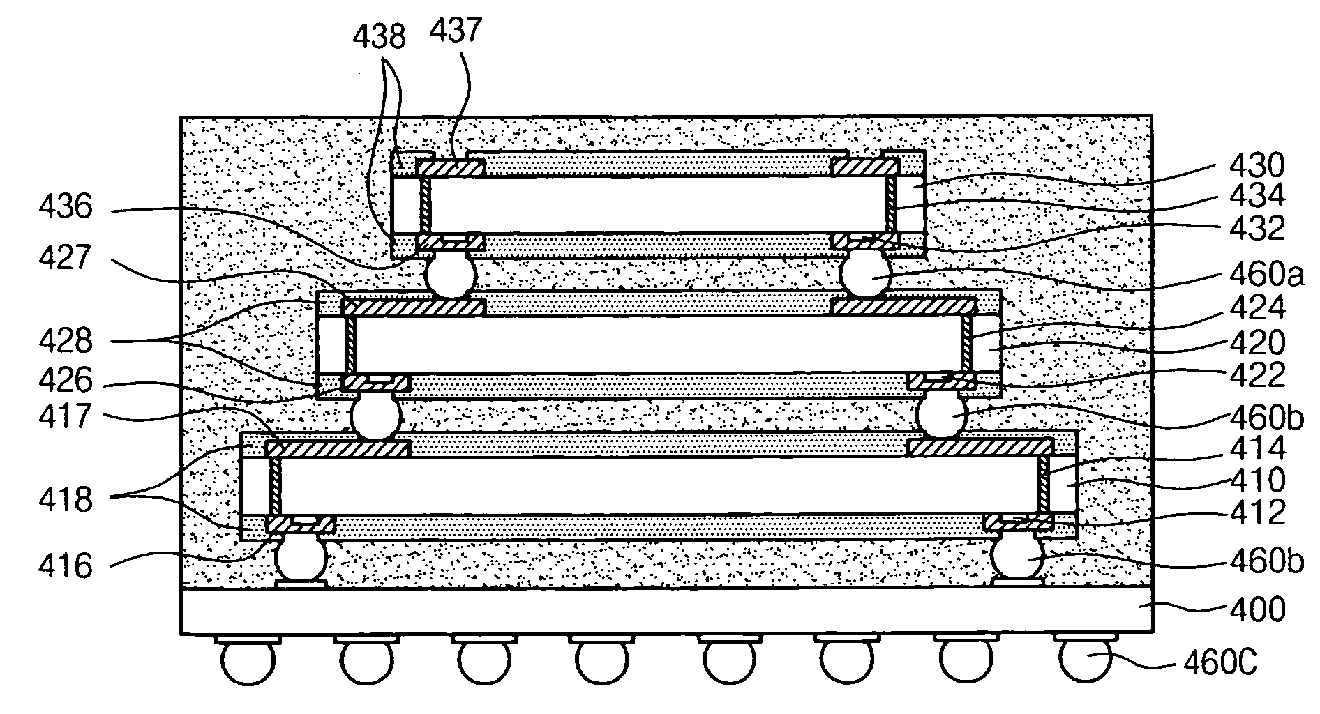 Stack package utilizing through vias and re-distribution lines