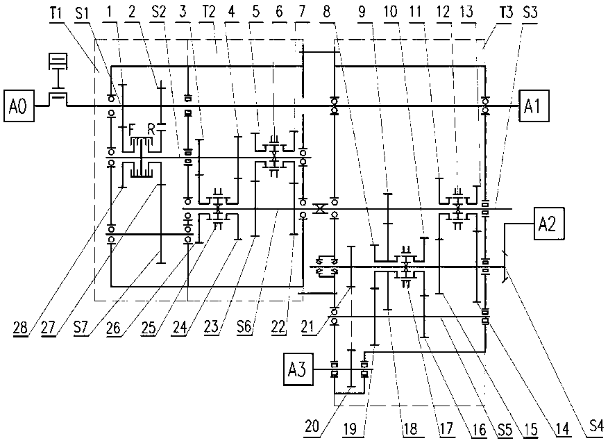 Medium/low-power tractor transmission device with power reversing and synchronous gear shifting