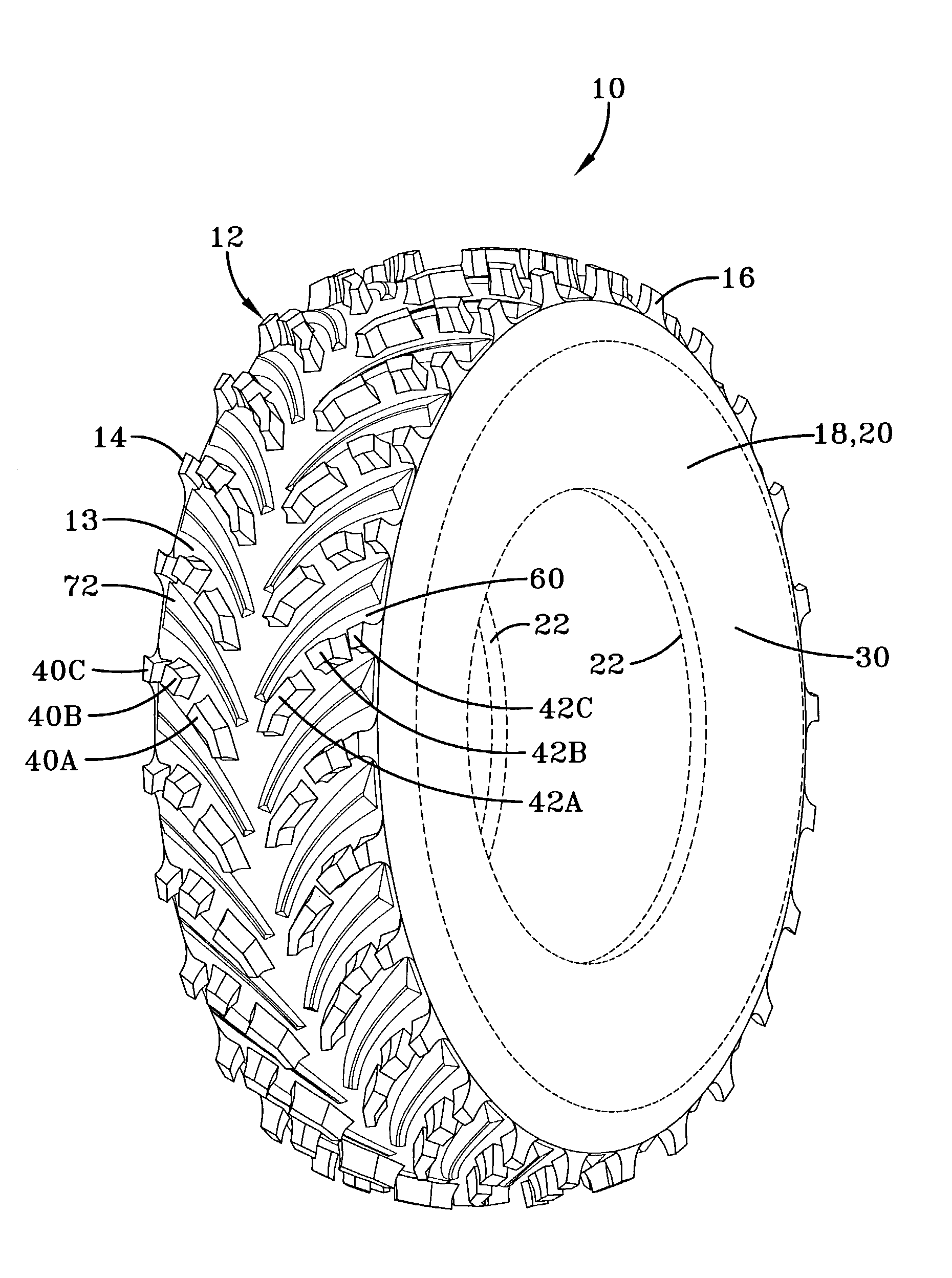 Off road tire having variable width puncture preventing pads