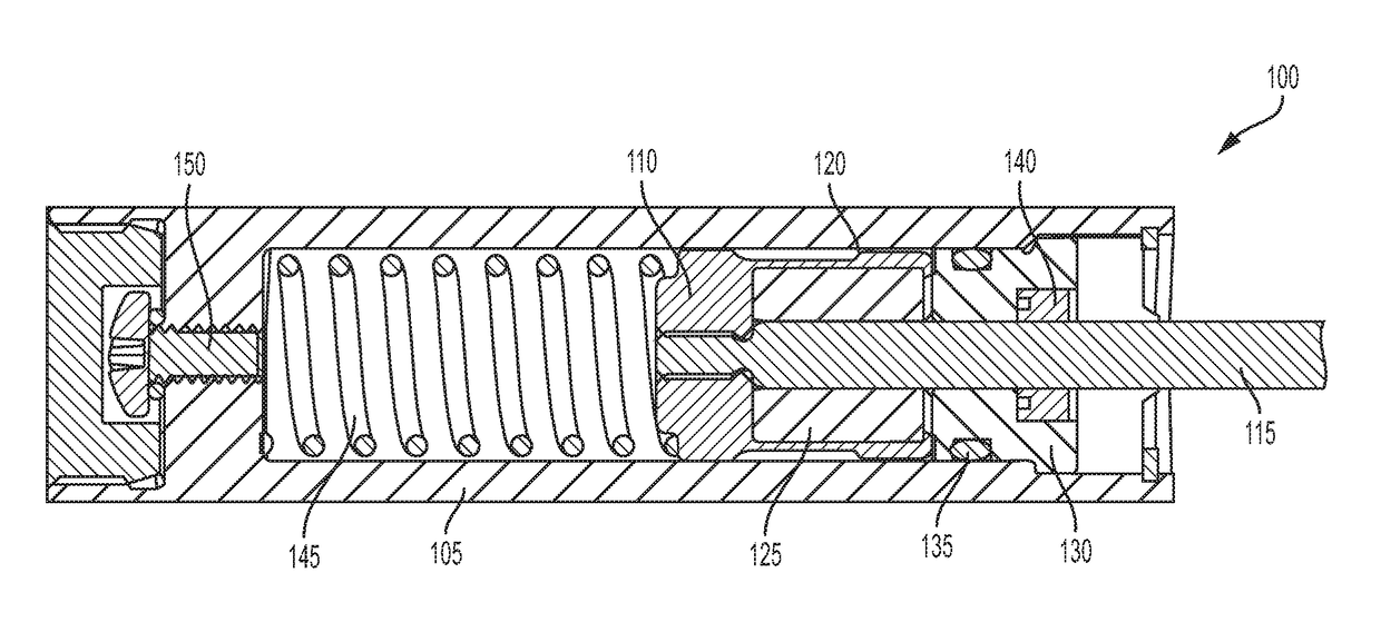 Hydraulic energy absorption device with a displaceable accumulator