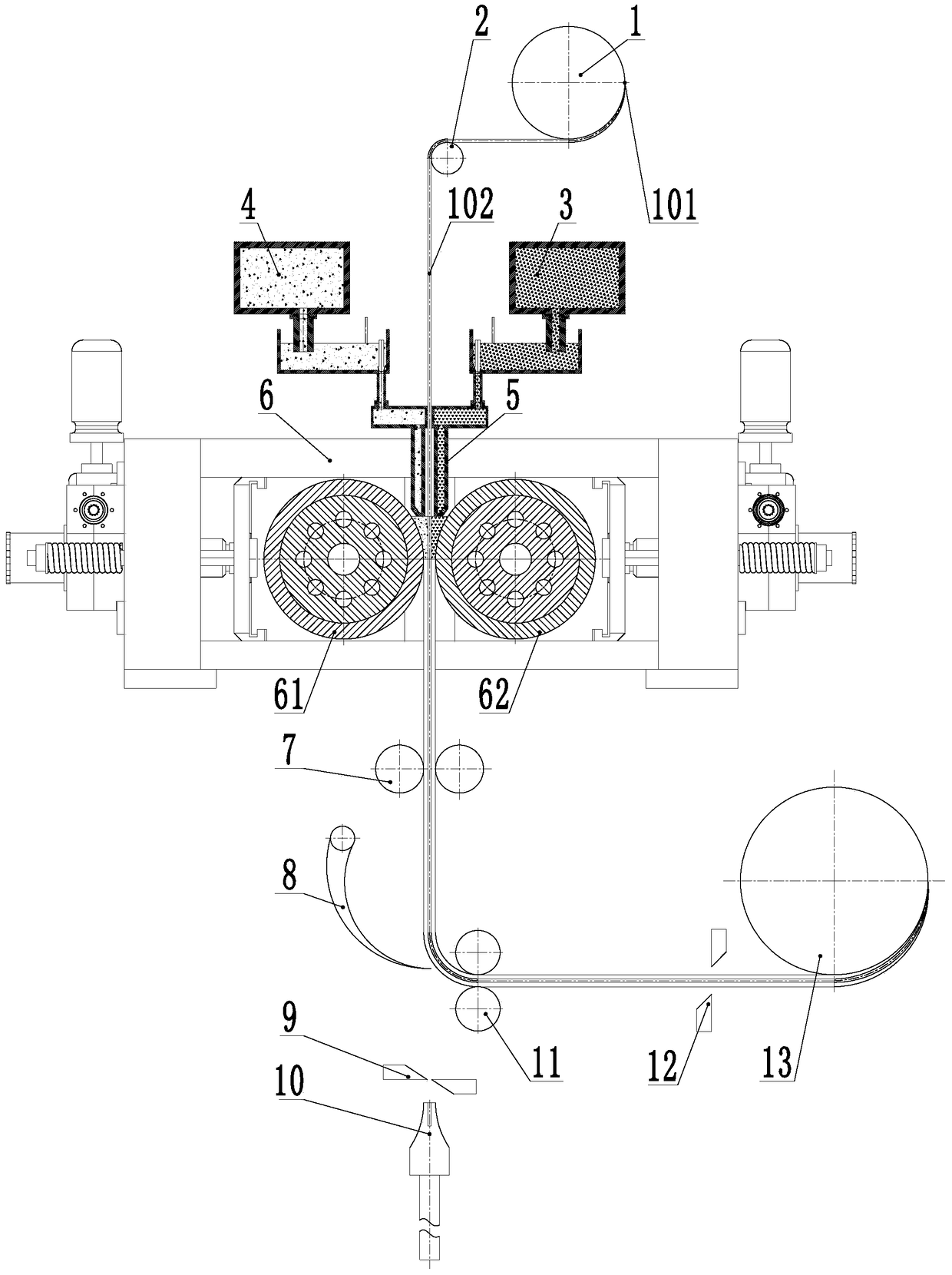 Continuous casting and rolling method for manufacturing mesh reinforced sandwich composite material by using solid-liquid casting and rolling equipment