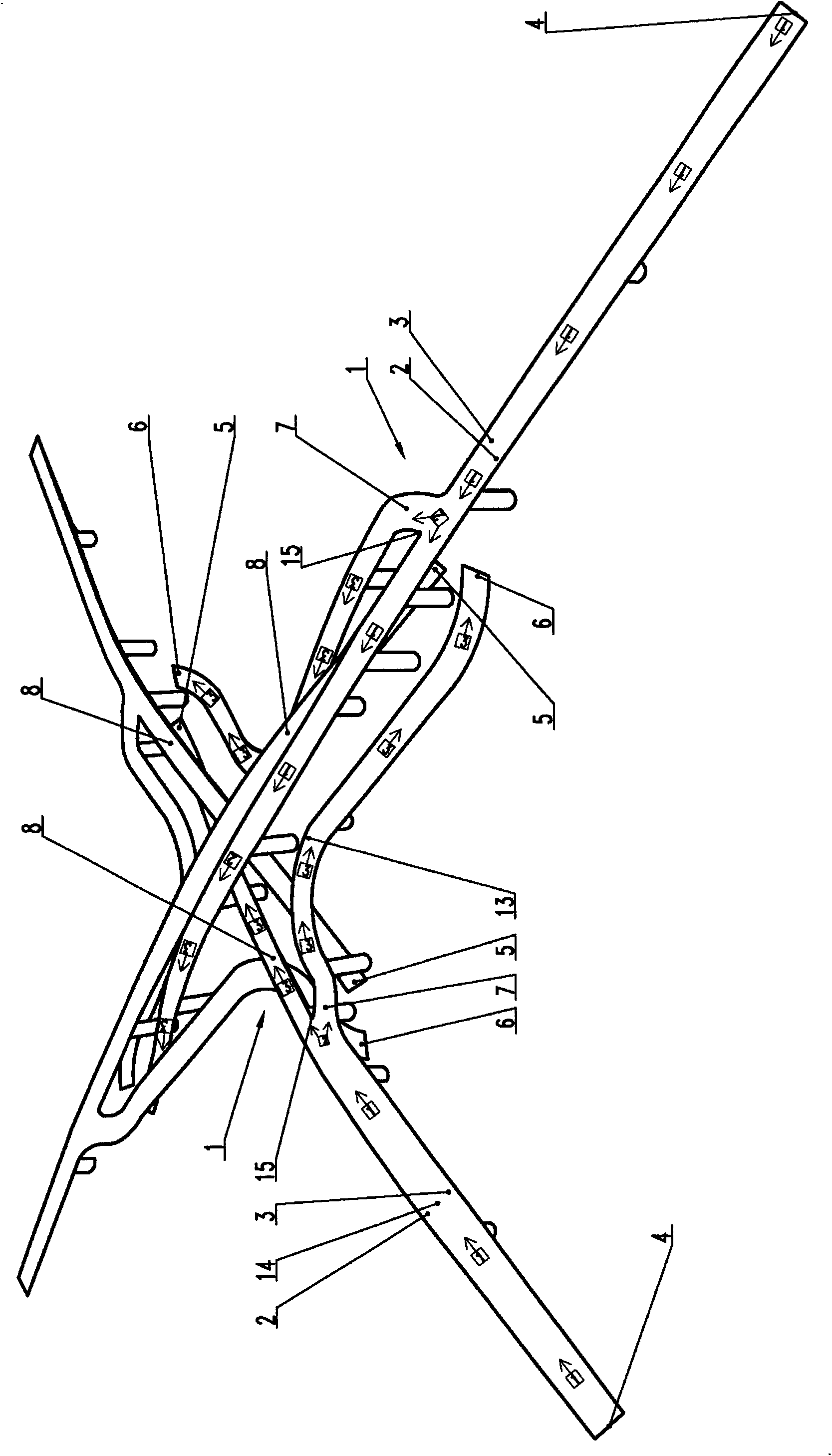 A combined bridge of four independent "y"-shaped bifurcated bridges that turn right and go straight