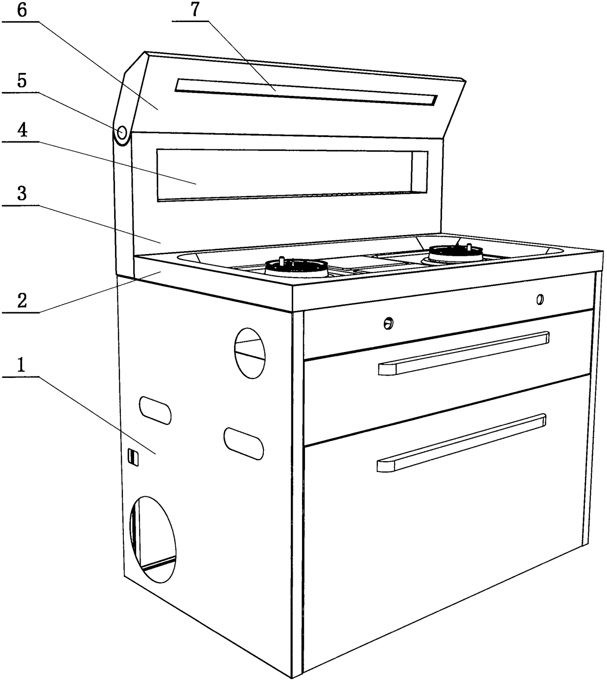 Integrated kitchen with adjustable smoke gathering function and fixed air inlet