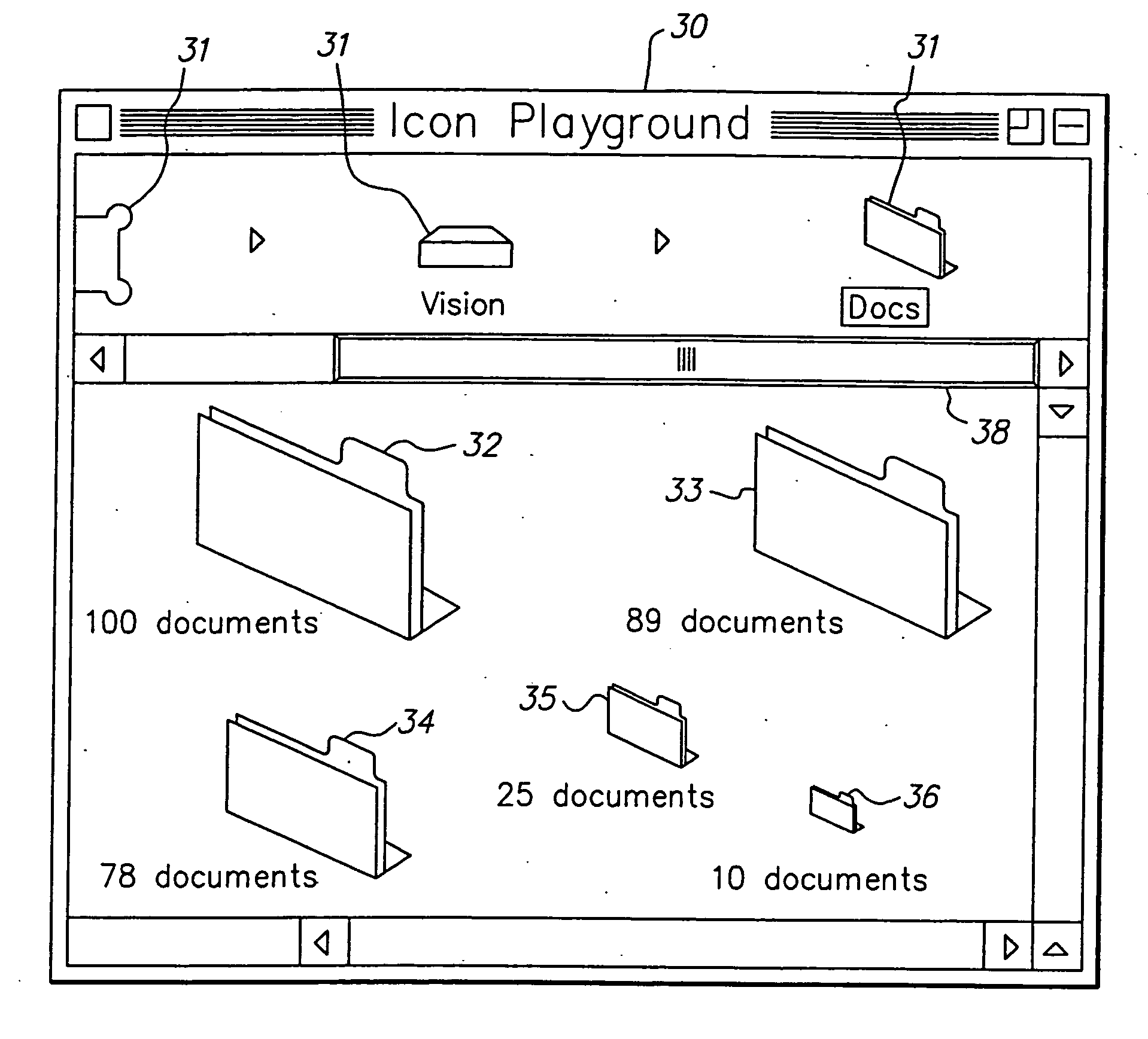 Graphical user interface for computers having variable size icons