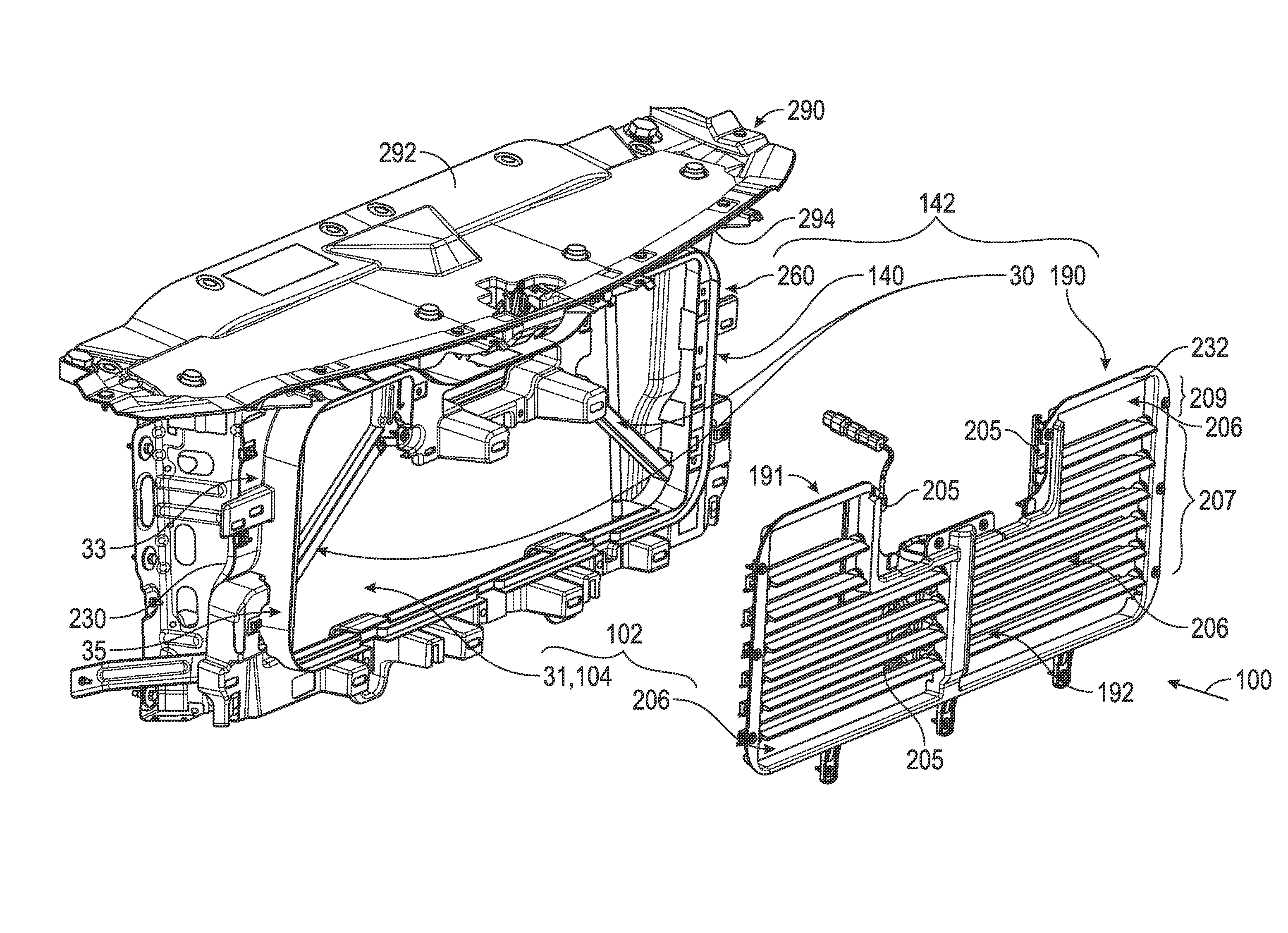 Front fascia or grill support structure and aerodynamic shutter assembly