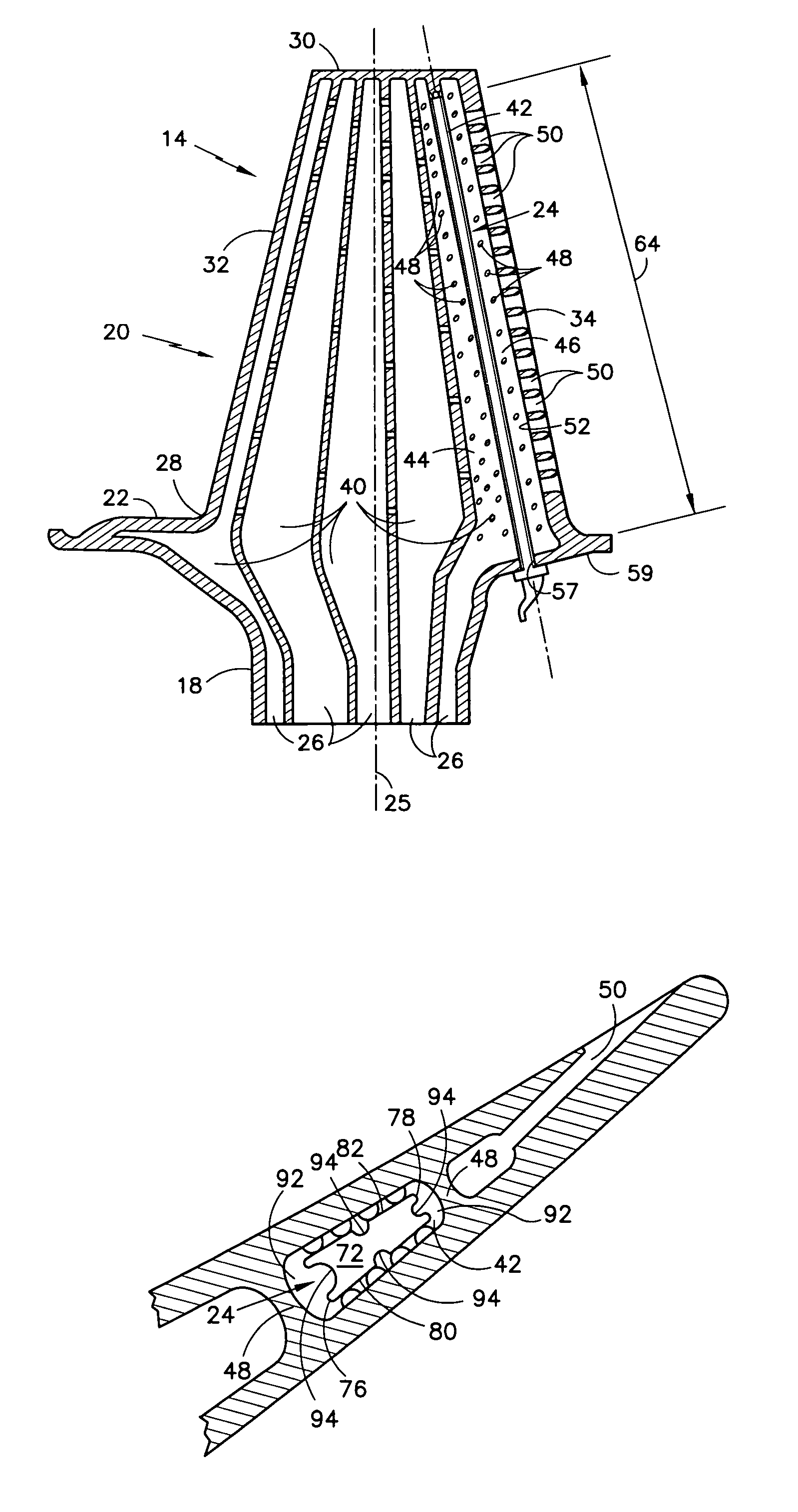 Cooled rotor blade with vibration damping device