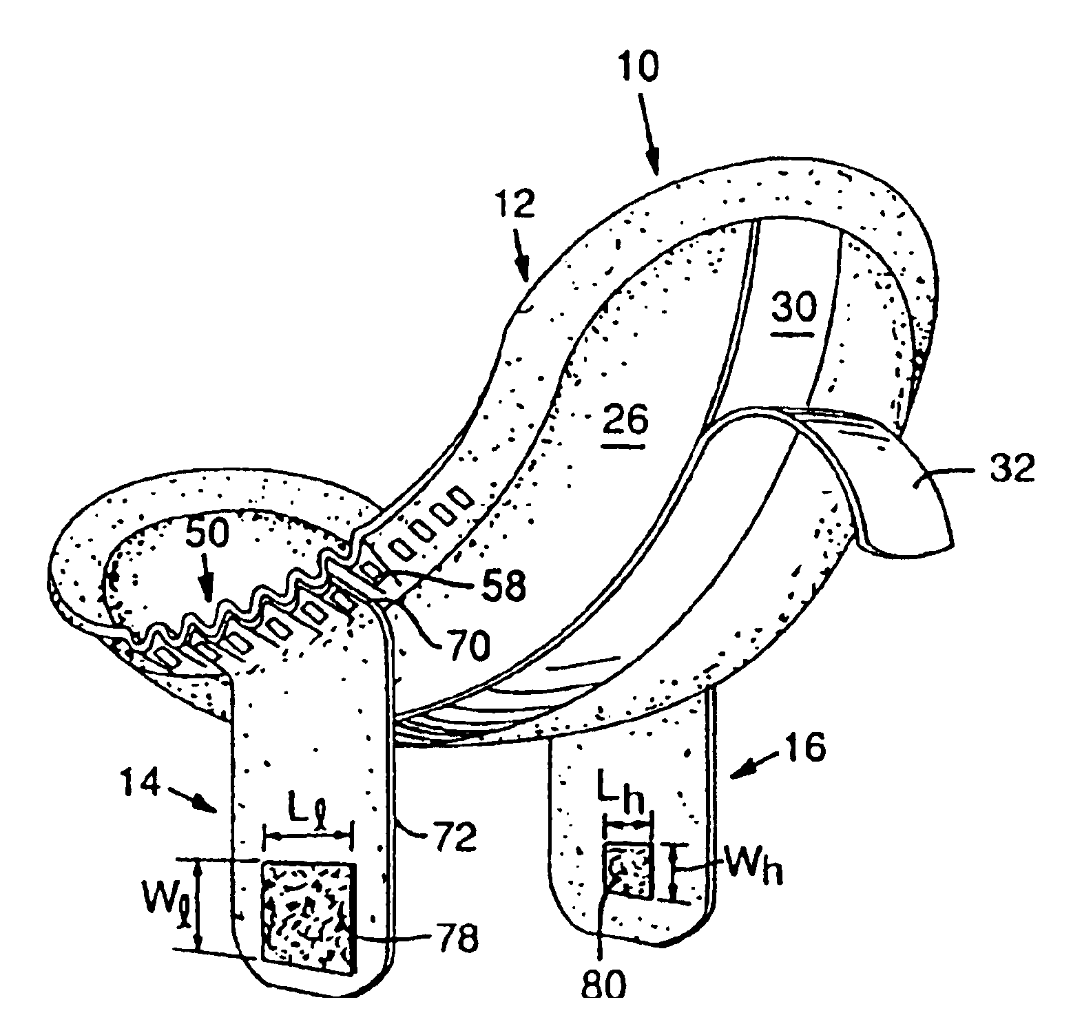 Curved sanitary napkin with garment attachment panels