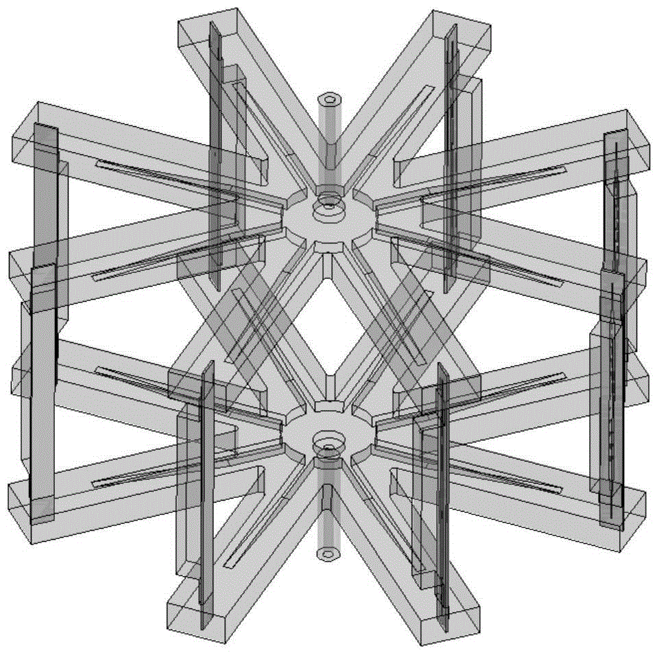 Millimeter wave multi-channel spatial waveguide power distribution combiner and method