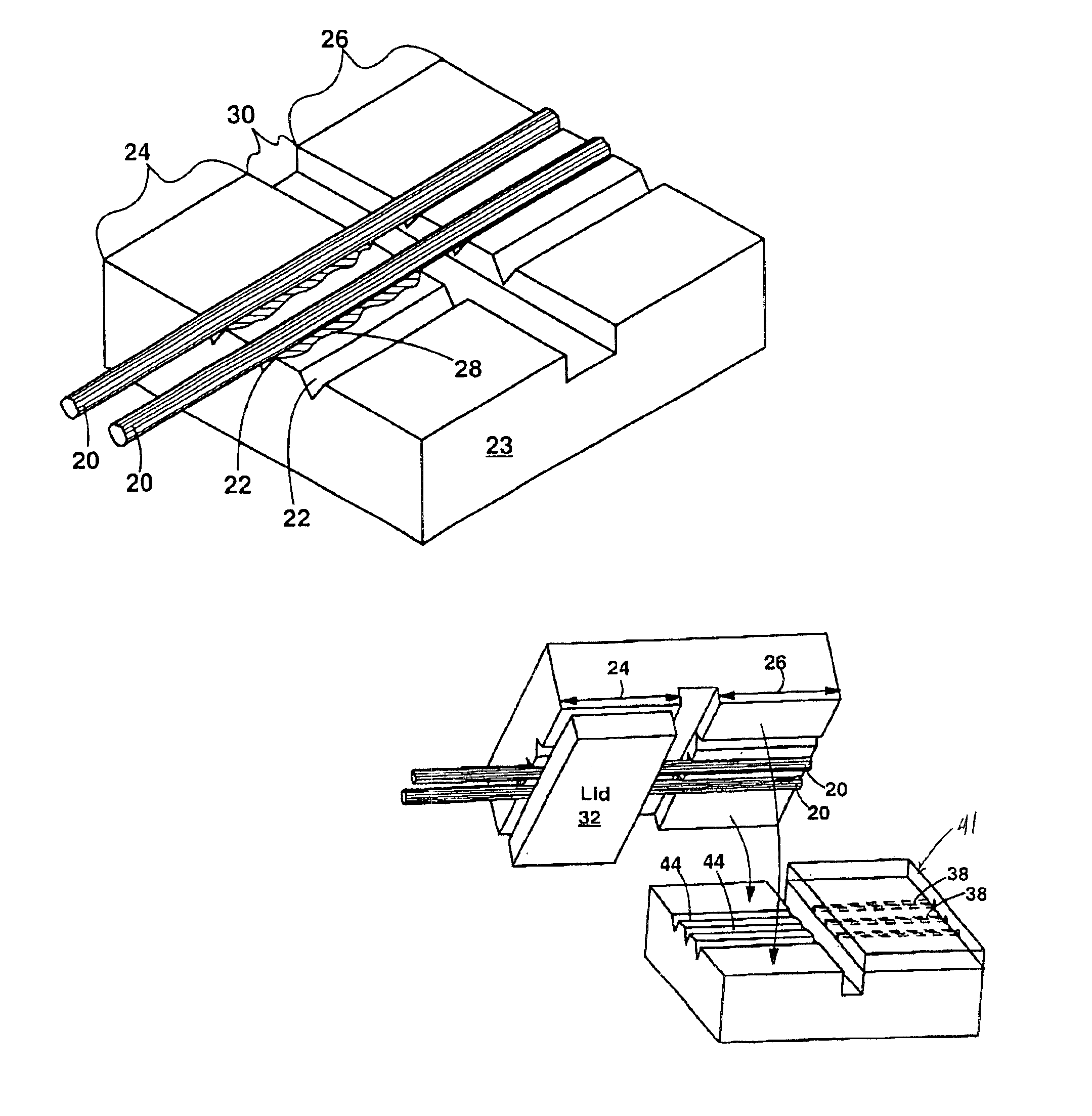 Open face optical fiber array for coupling to integrated optic waveguides and optoelectronic submounts