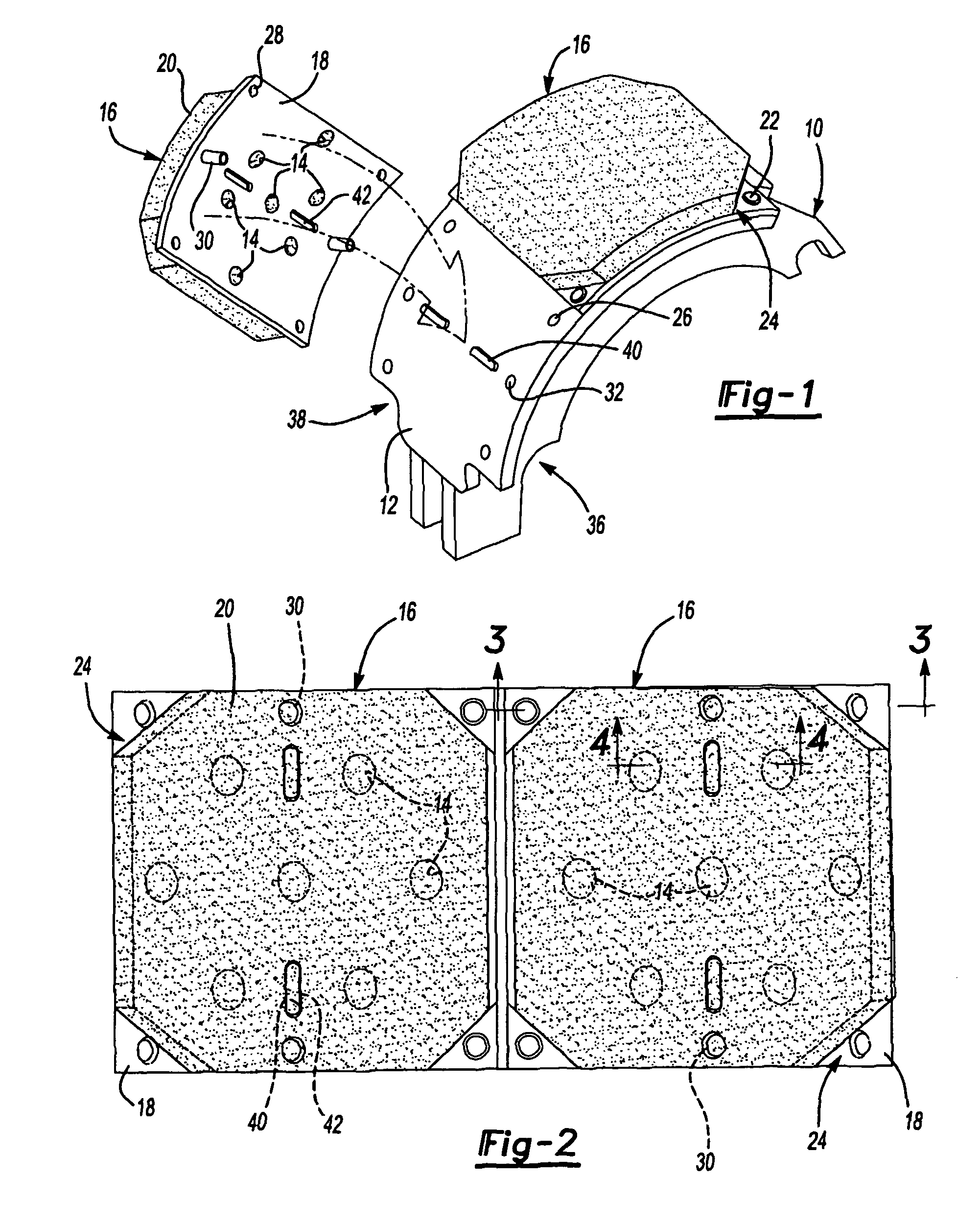 Brake shoe and brake lining blocks with keyed connection