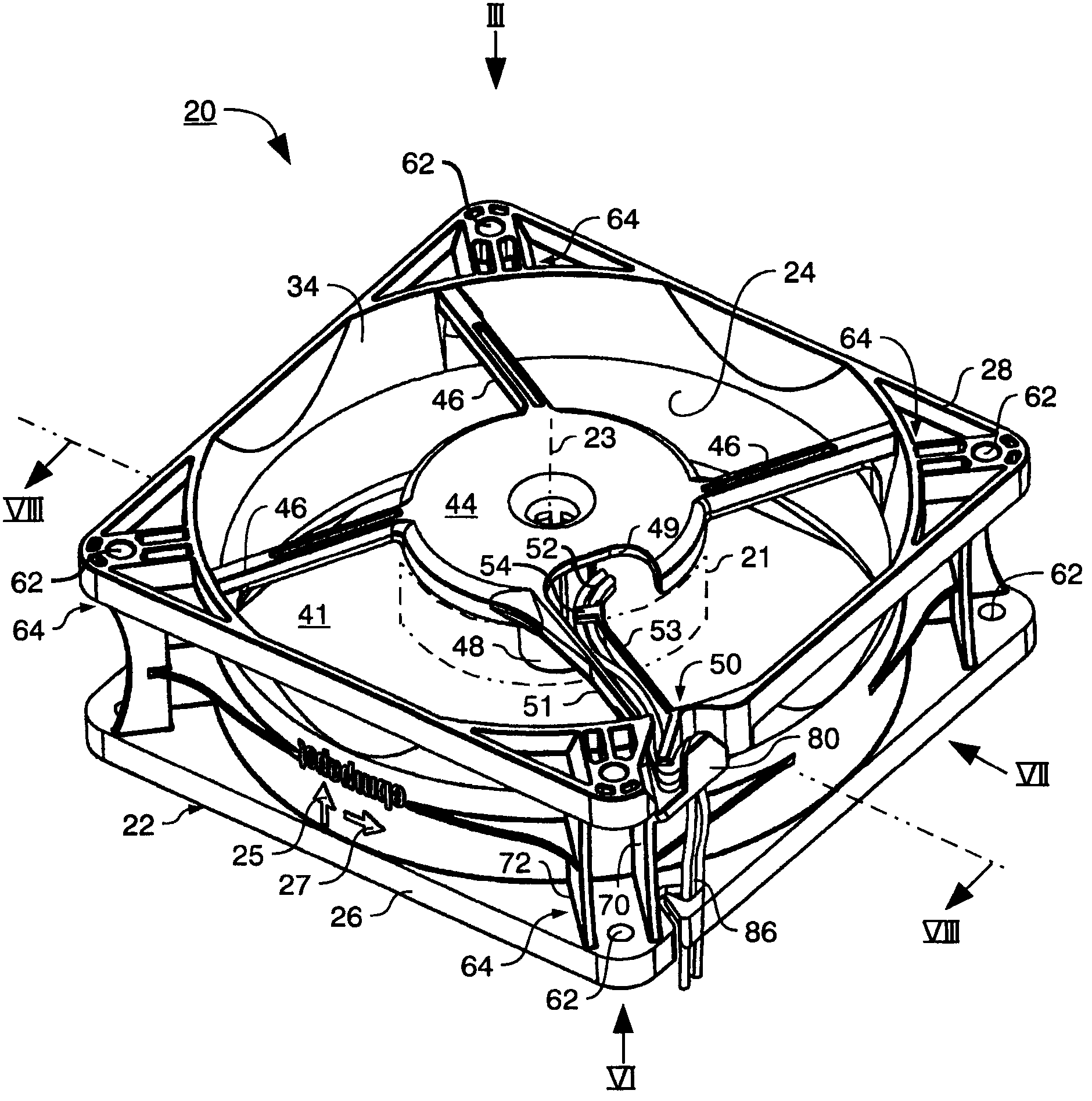 Fan housing with strain relief