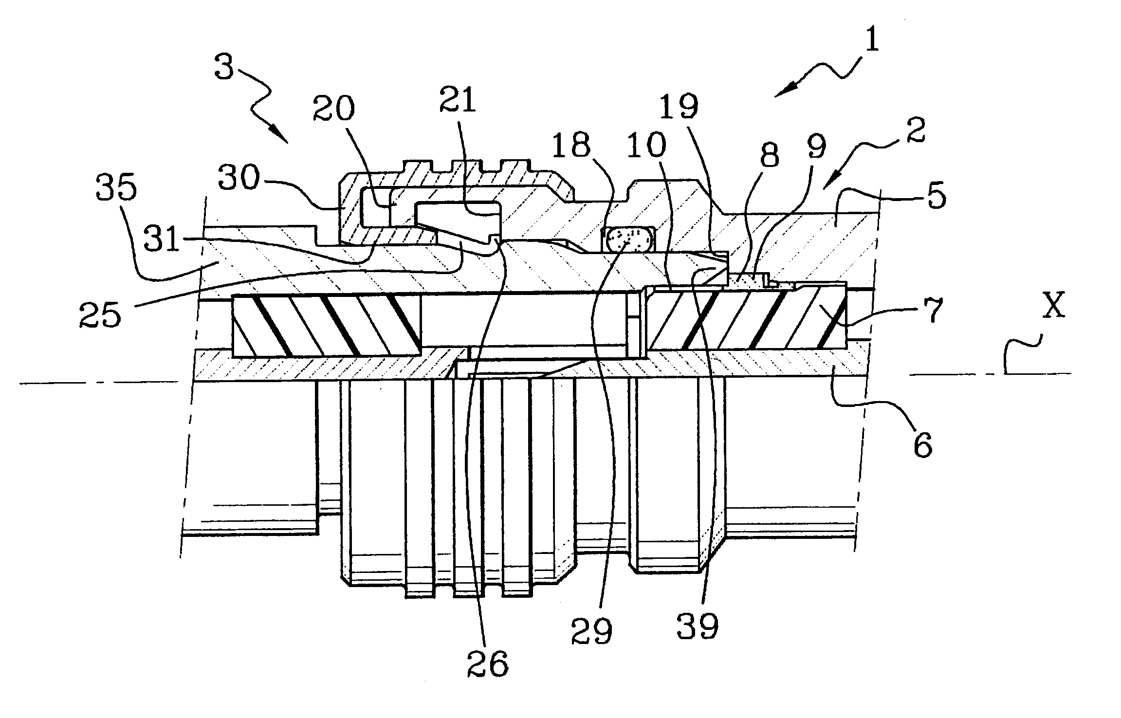 Coaxial connection with locking by snap-fastening