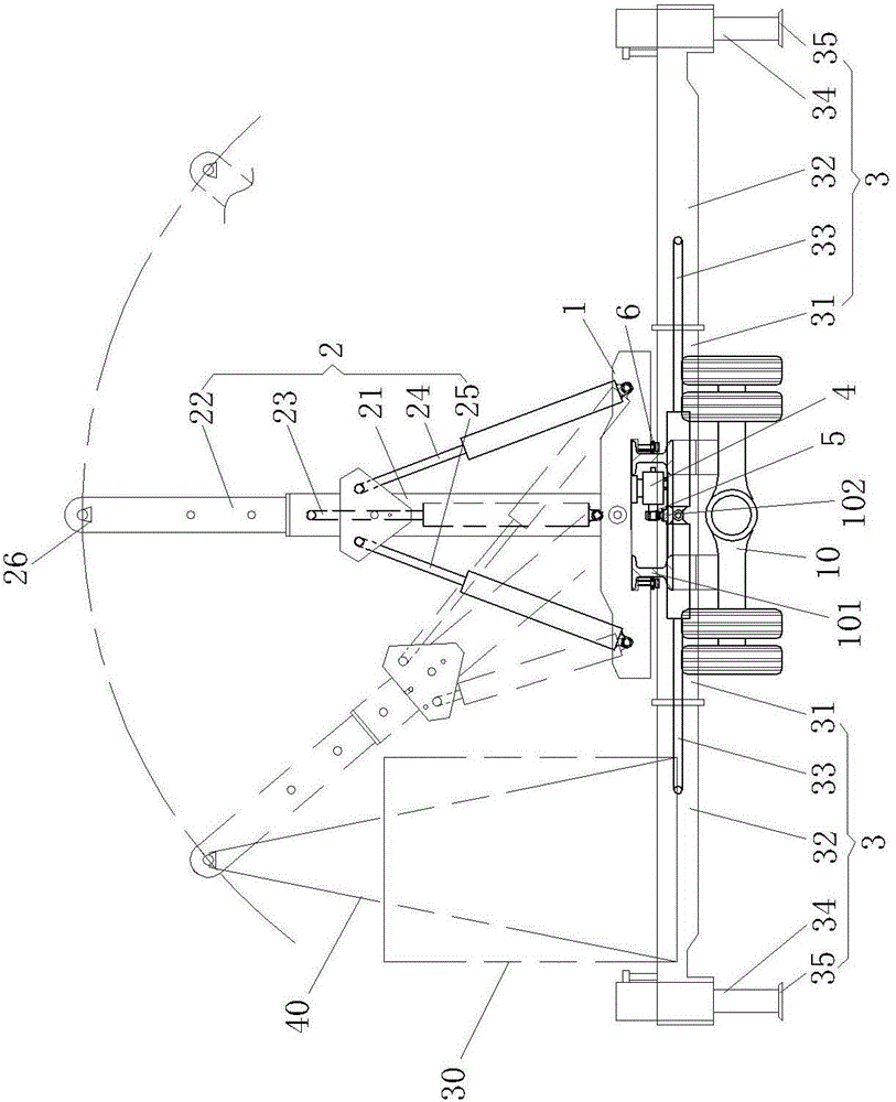 A self-loading and unloading hoisting mechanism mounted on a semi-trailer