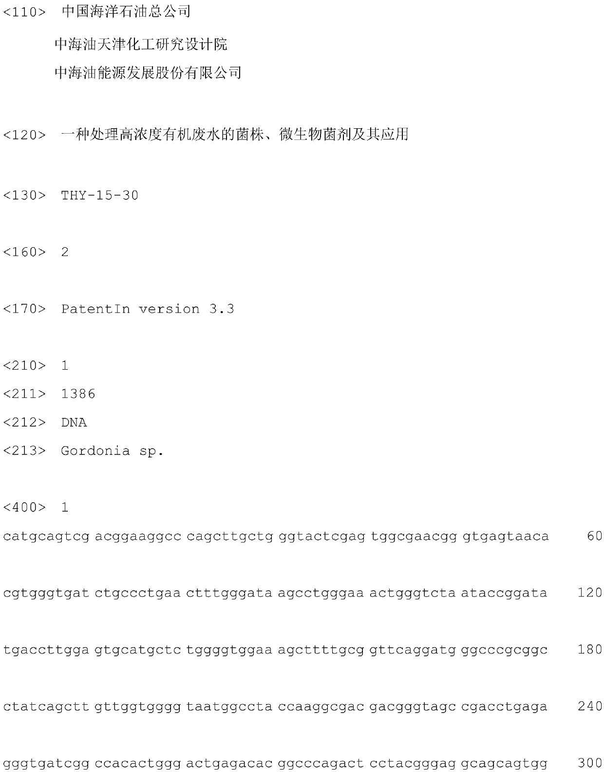 Bacterial strain for treating high concentrated organic wastewater, microorganism bacterium agent and application thereof